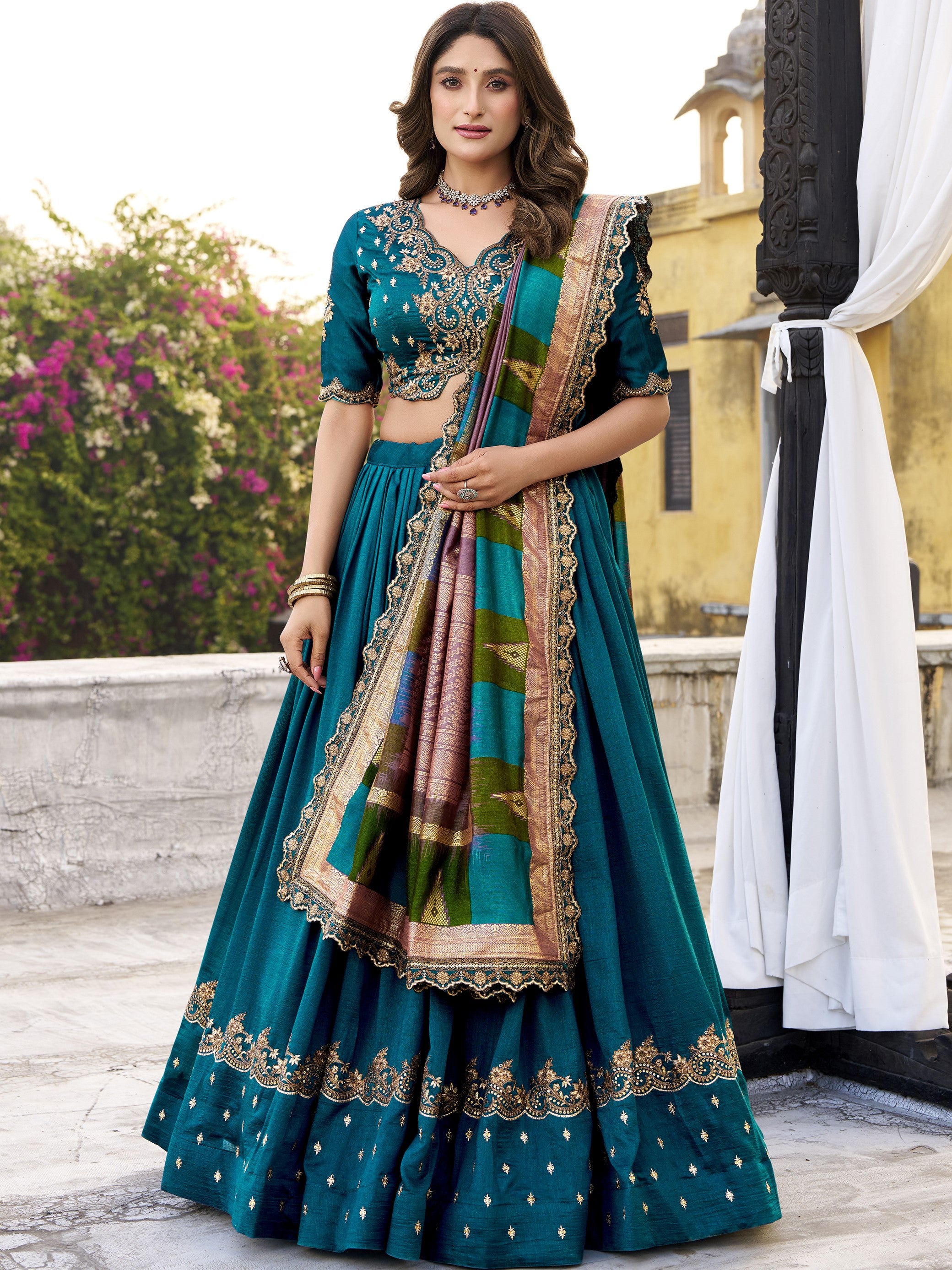 Vichitra Silk Thread Embroidered Lehenga With Dupatta