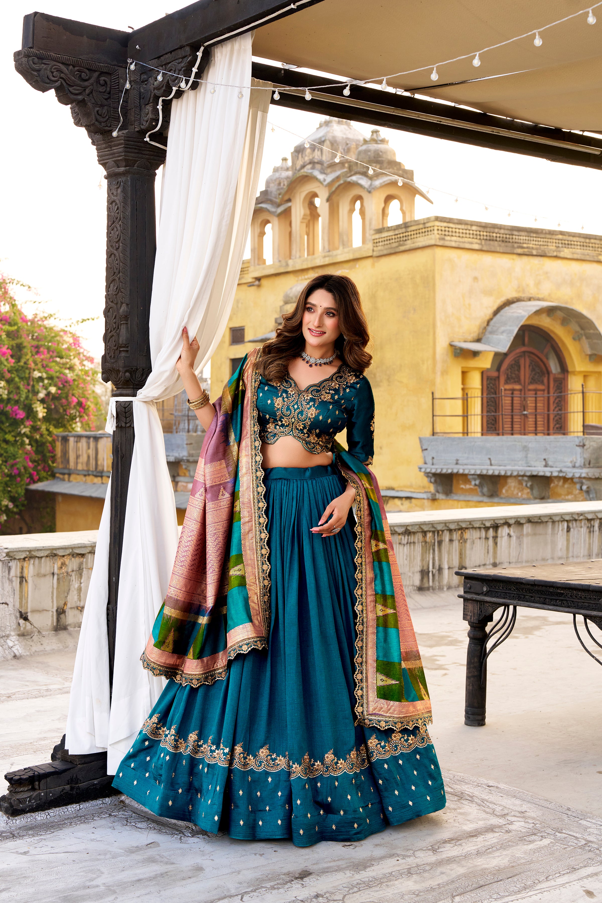 Vichitra Silk Thread Embroidered Lehenga With Dupatta