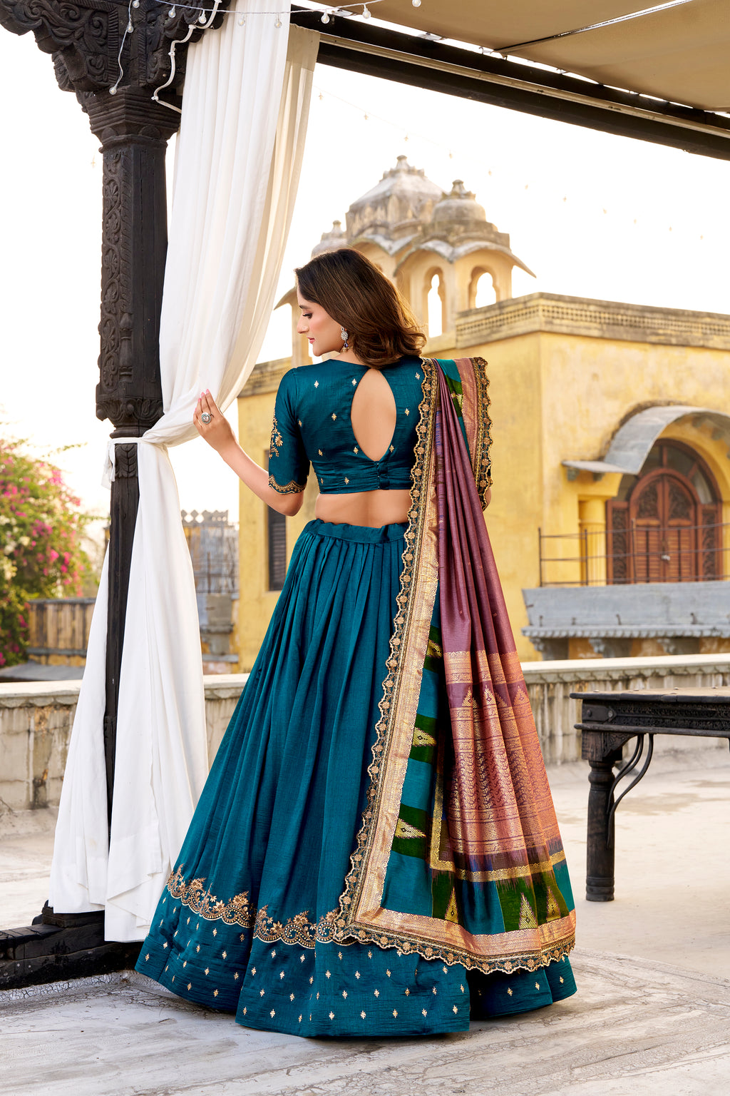 Vichitra Silk Thread Embroidered Lehenga With Dupatta