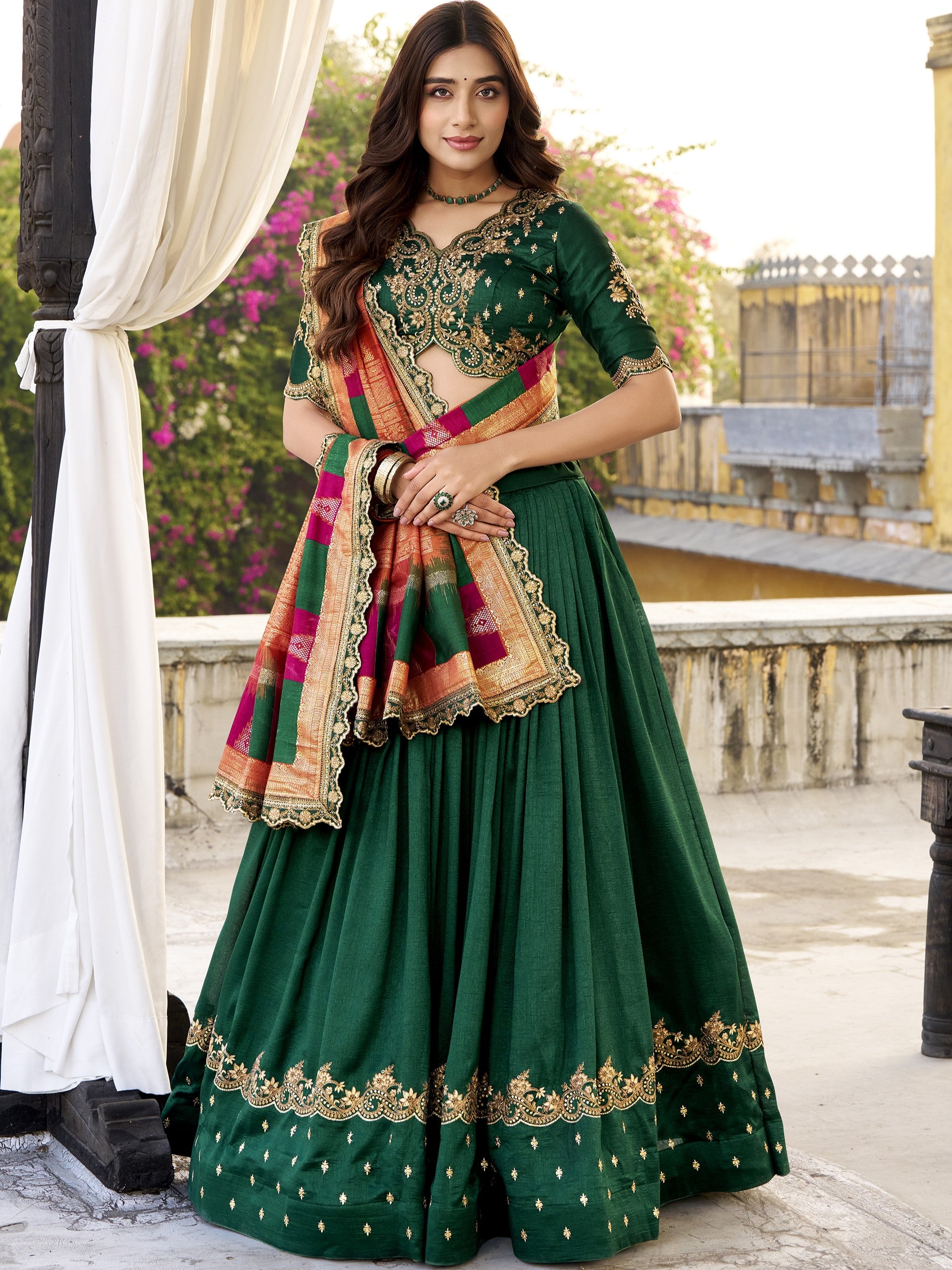 Vichitra Silk Thread Embroidered Lehenga With Dupatta
