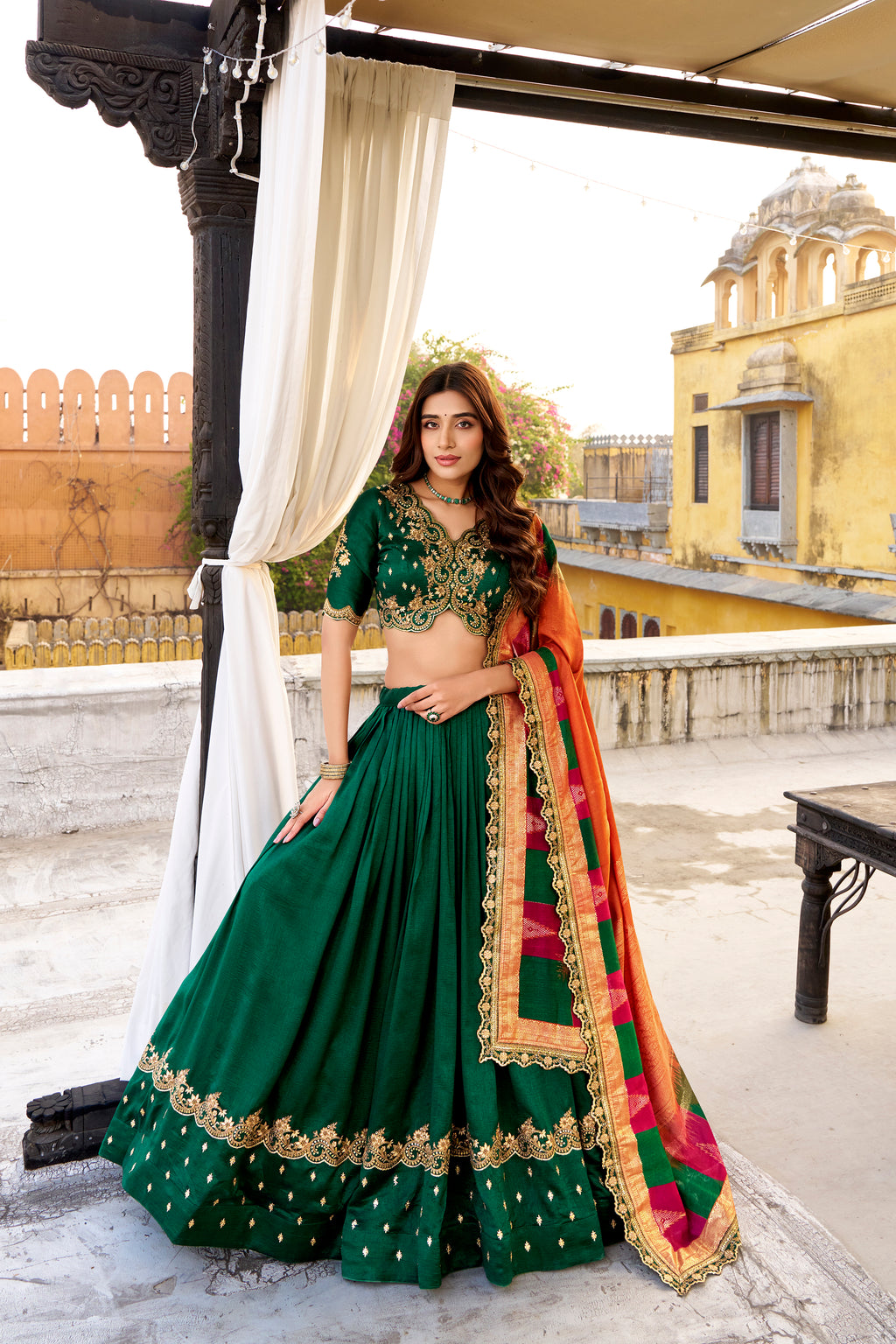 Vichitra Silk Thread Embroidered Lehenga With Dupatta