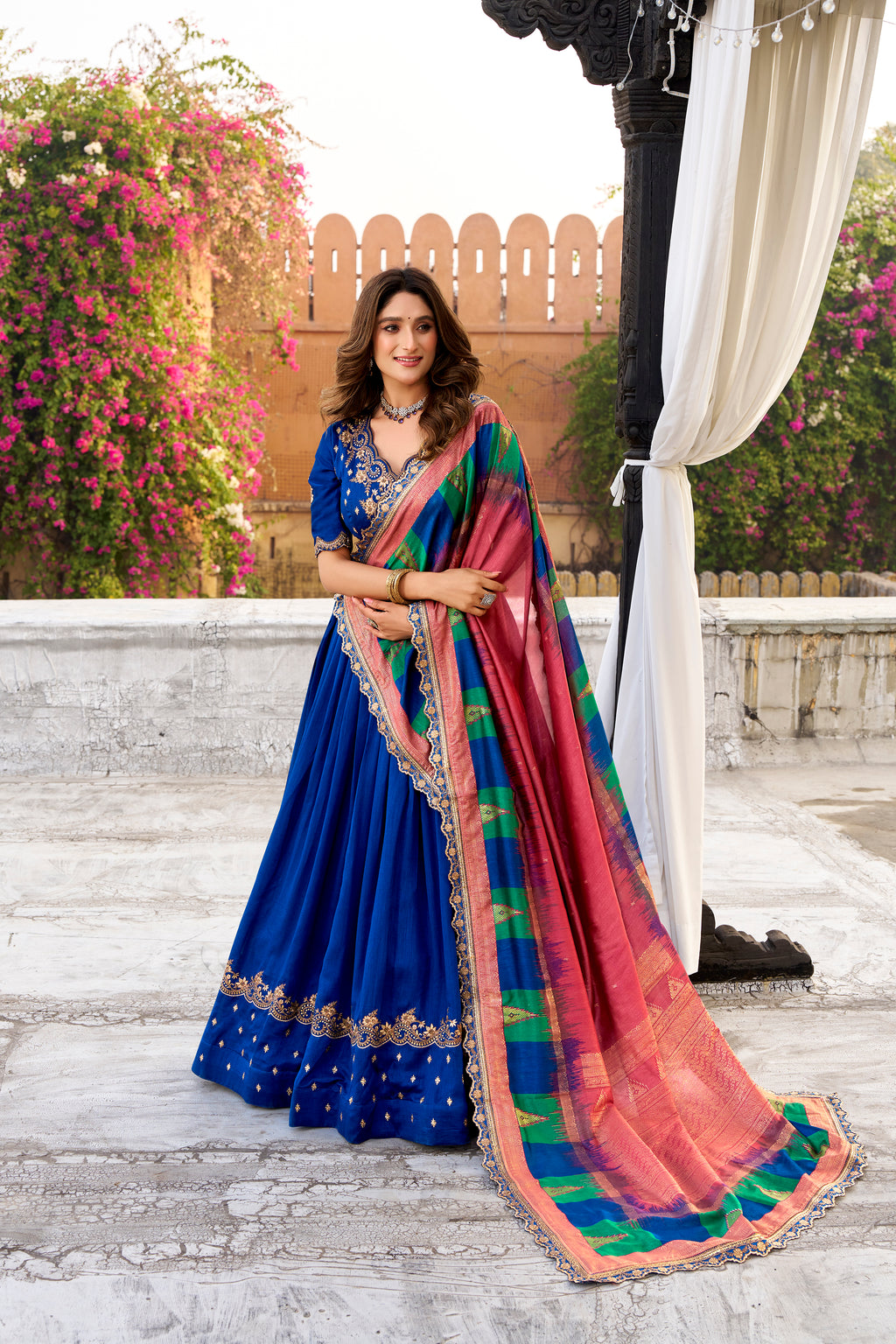 Vichitra Silk Thread Embroidered Lehenga With Dupatta