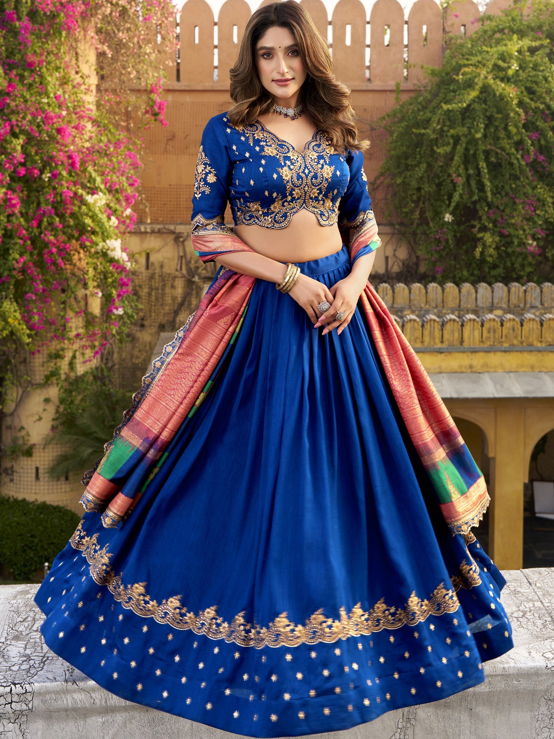 Vichitra Silk Thread Embroidered Lehenga With Dupatta
