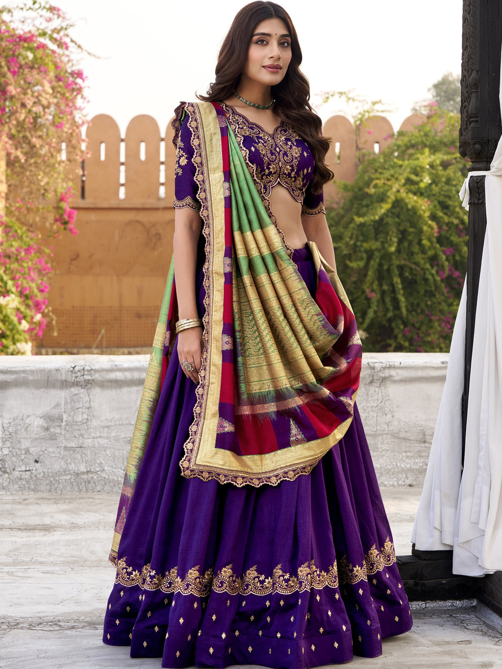 Vichitra Silk Thread Embroidered Lehenga With Dupatta
