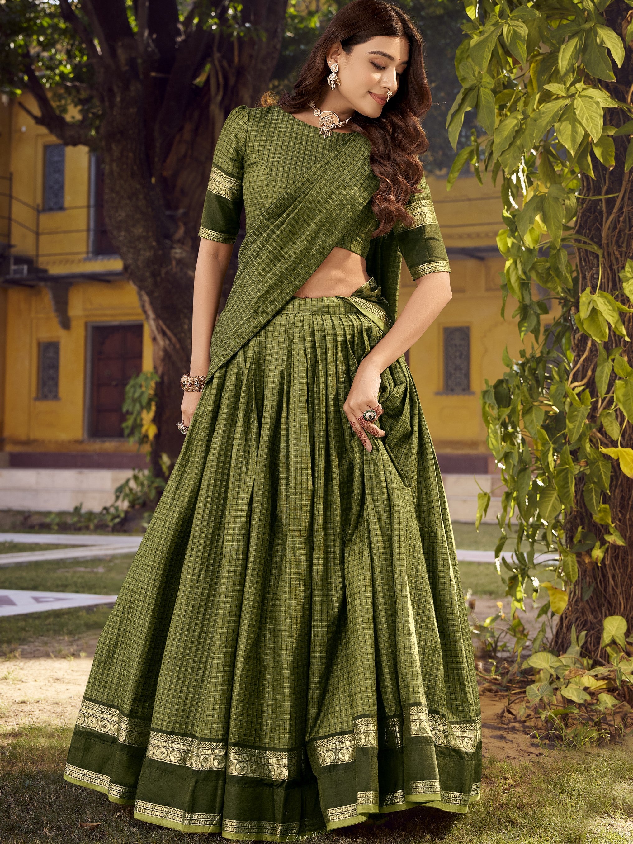 Chettinad Cotton Chex Zari Weaving Lehenga With Dupatta