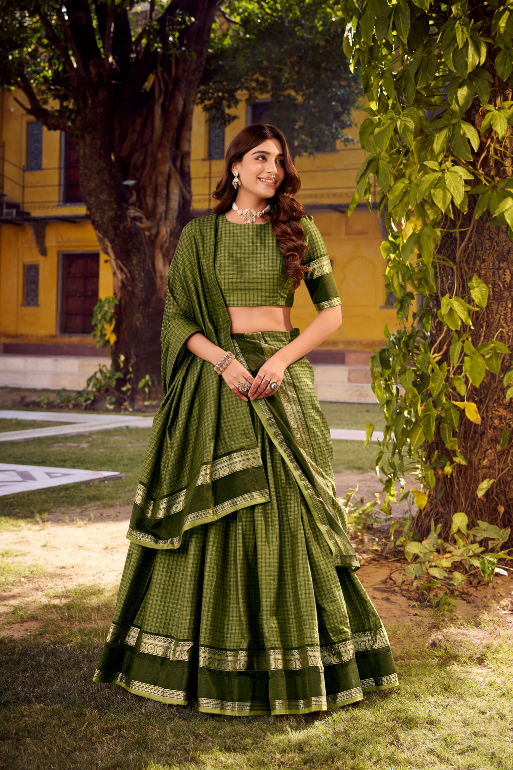 Chettinad Cotton Chex Zari Weaving Lehenga With Dupatta