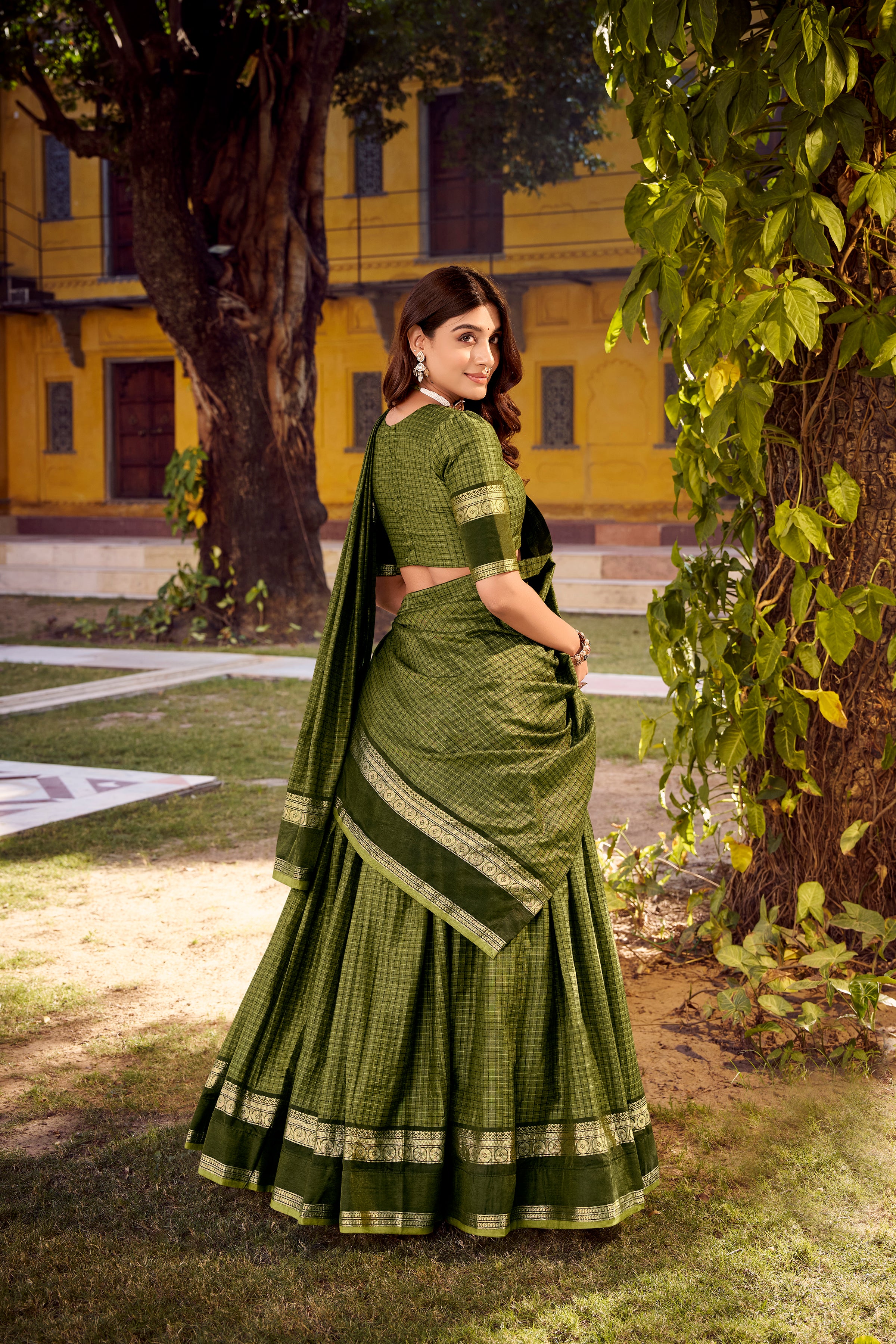 Chettinad Cotton Chex Zari Weaving Lehenga With Dupatta