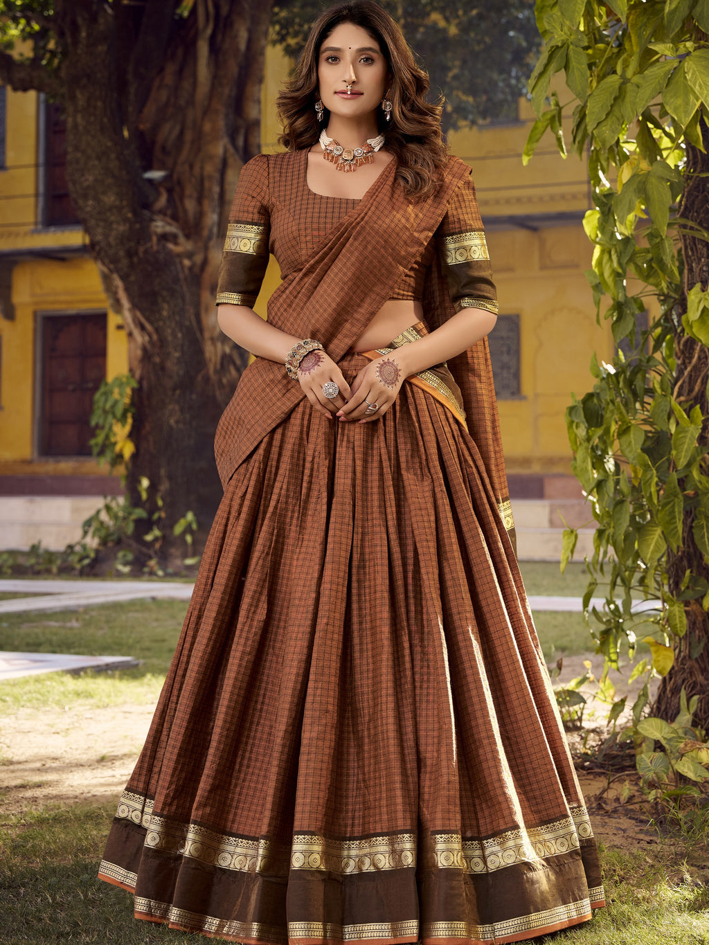 Chettinad Cotton Chex Zari Weaving Lehenga With Dupatta