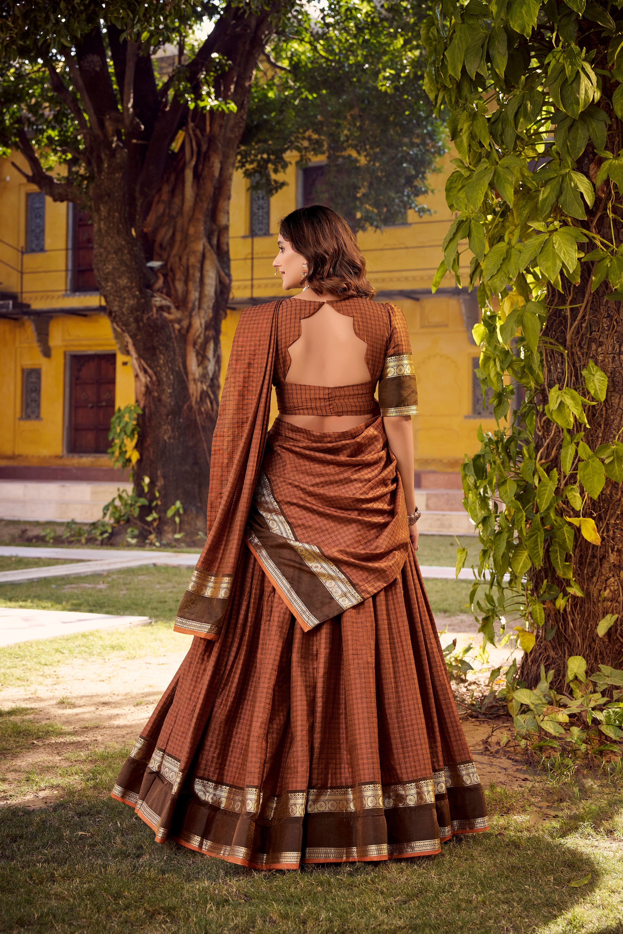 Chettinad Cotton Chex Zari Weaving Lehenga With Dupatta