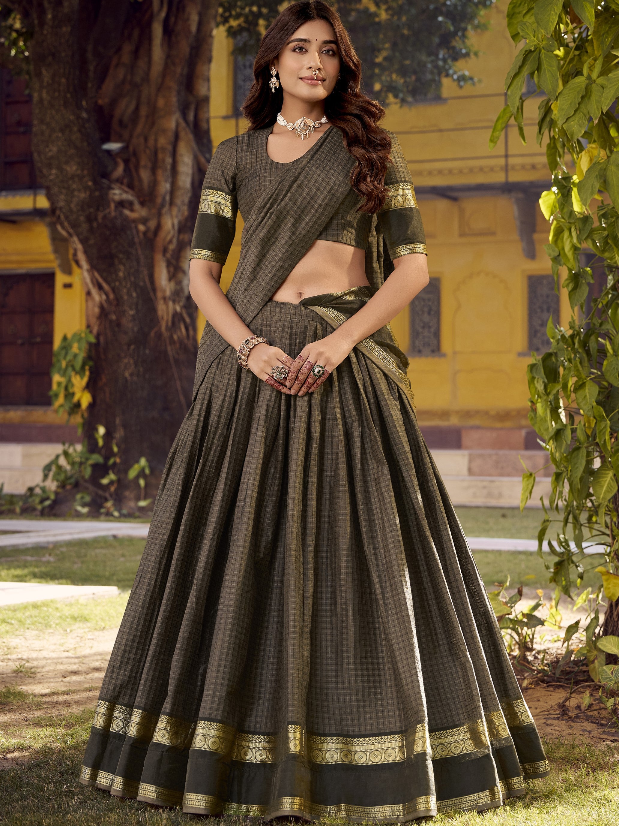 Chettinad Cotton Chex Zari Weaving Lehenga With Dupatta