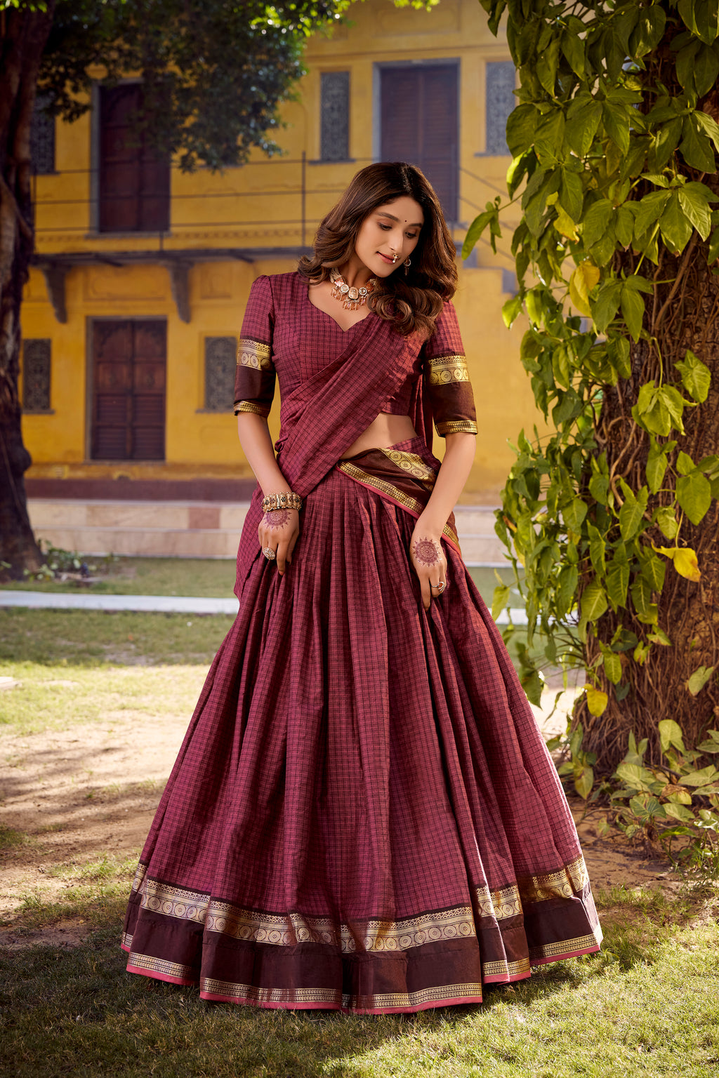 Chettinad Cotton Chex Zari Weaving Lehenga With Dupatta