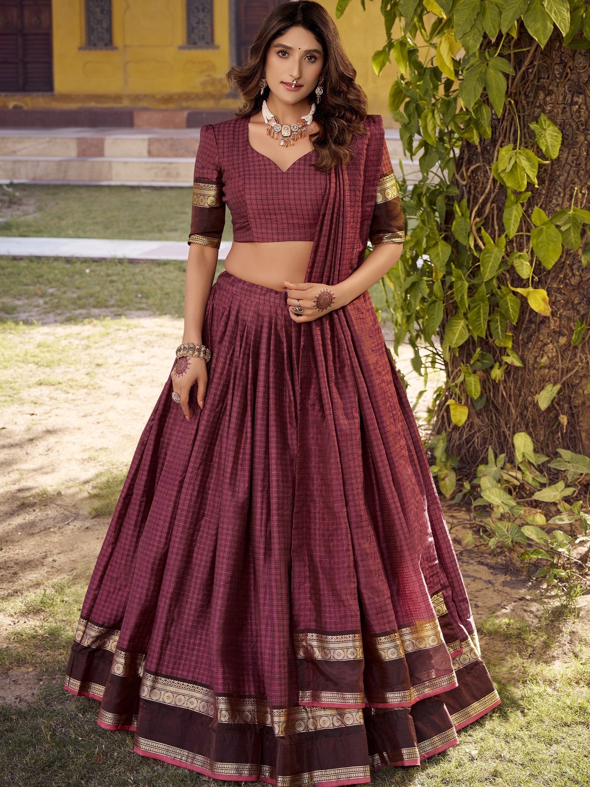 Chettinad Cotton Chex Zari Weaving Lehenga With Dupatta