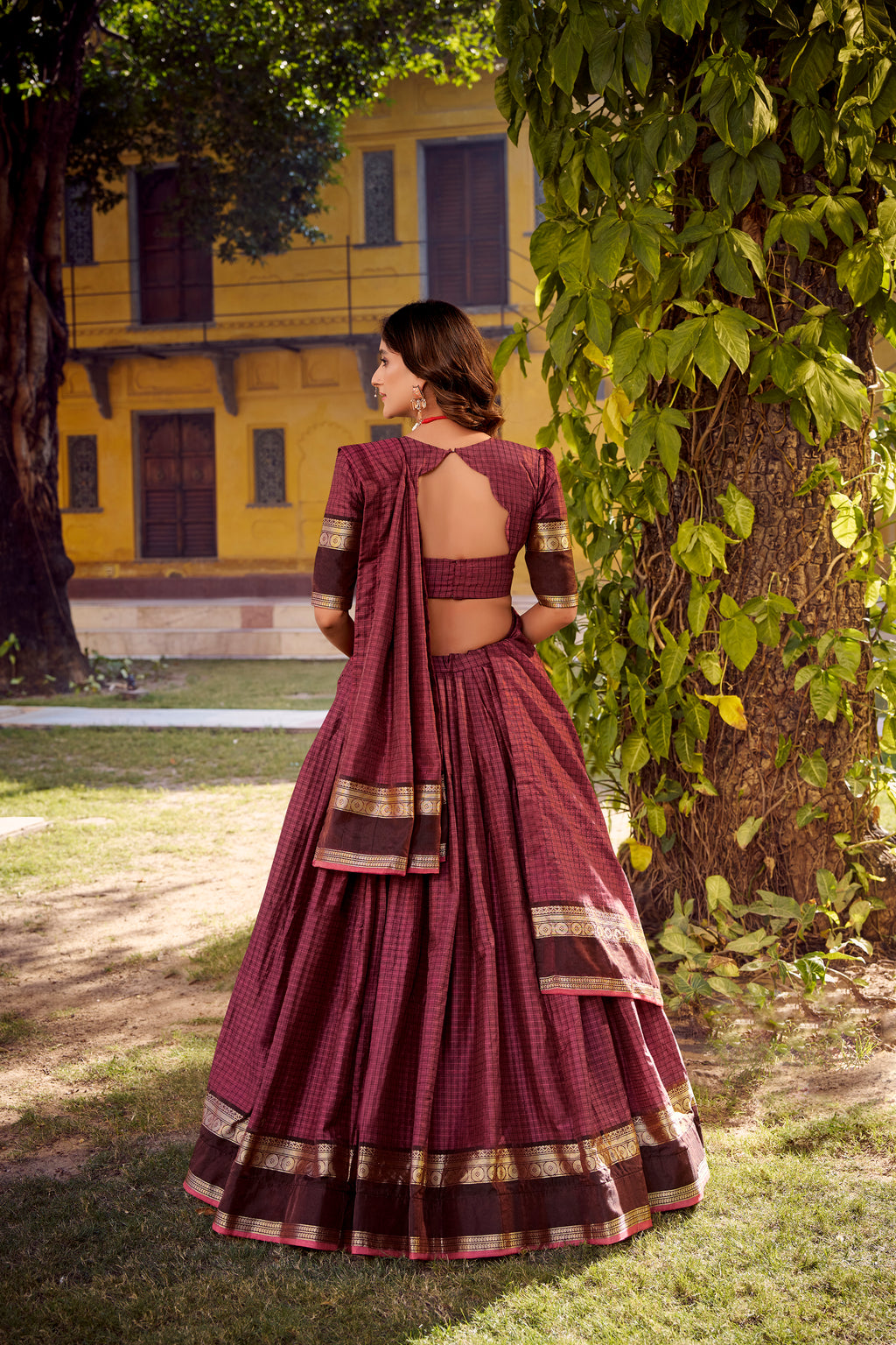 Chettinad Cotton Chex Zari Weaving Lehenga With Dupatta