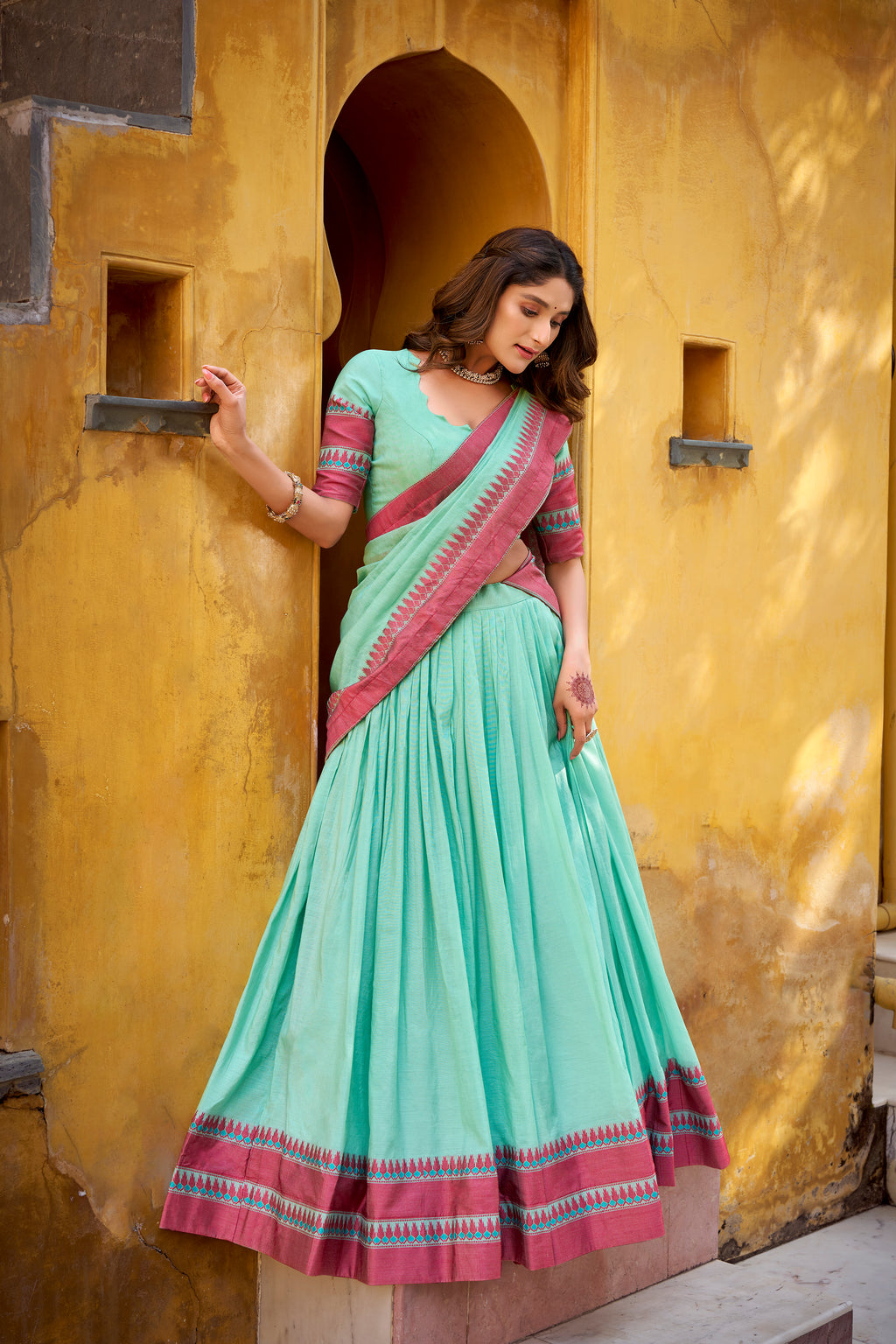 Pure Chanderi Thread Work Lehenga With Dupatta