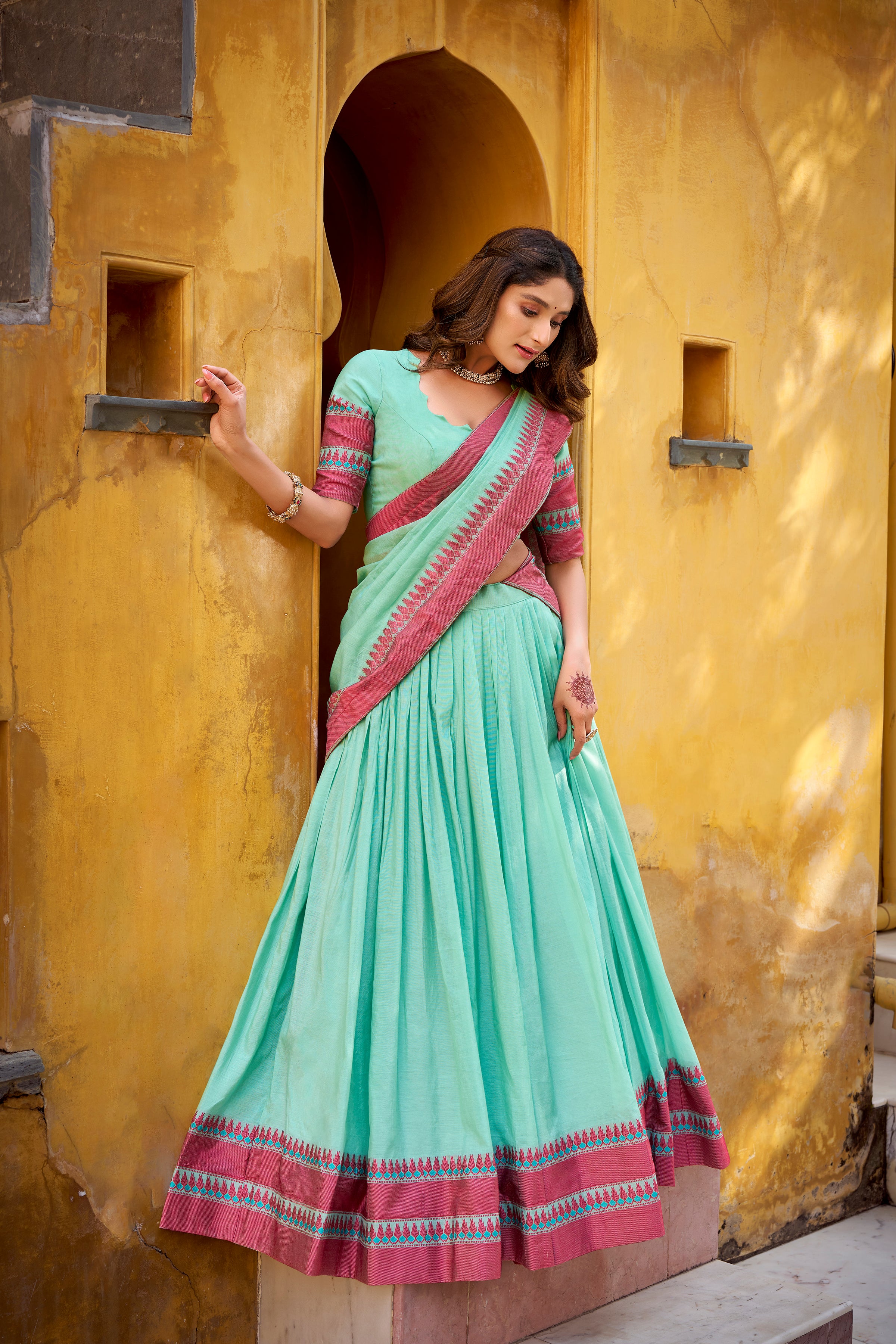 Pure Chanderi Thread Work Lehenga With Dupatta