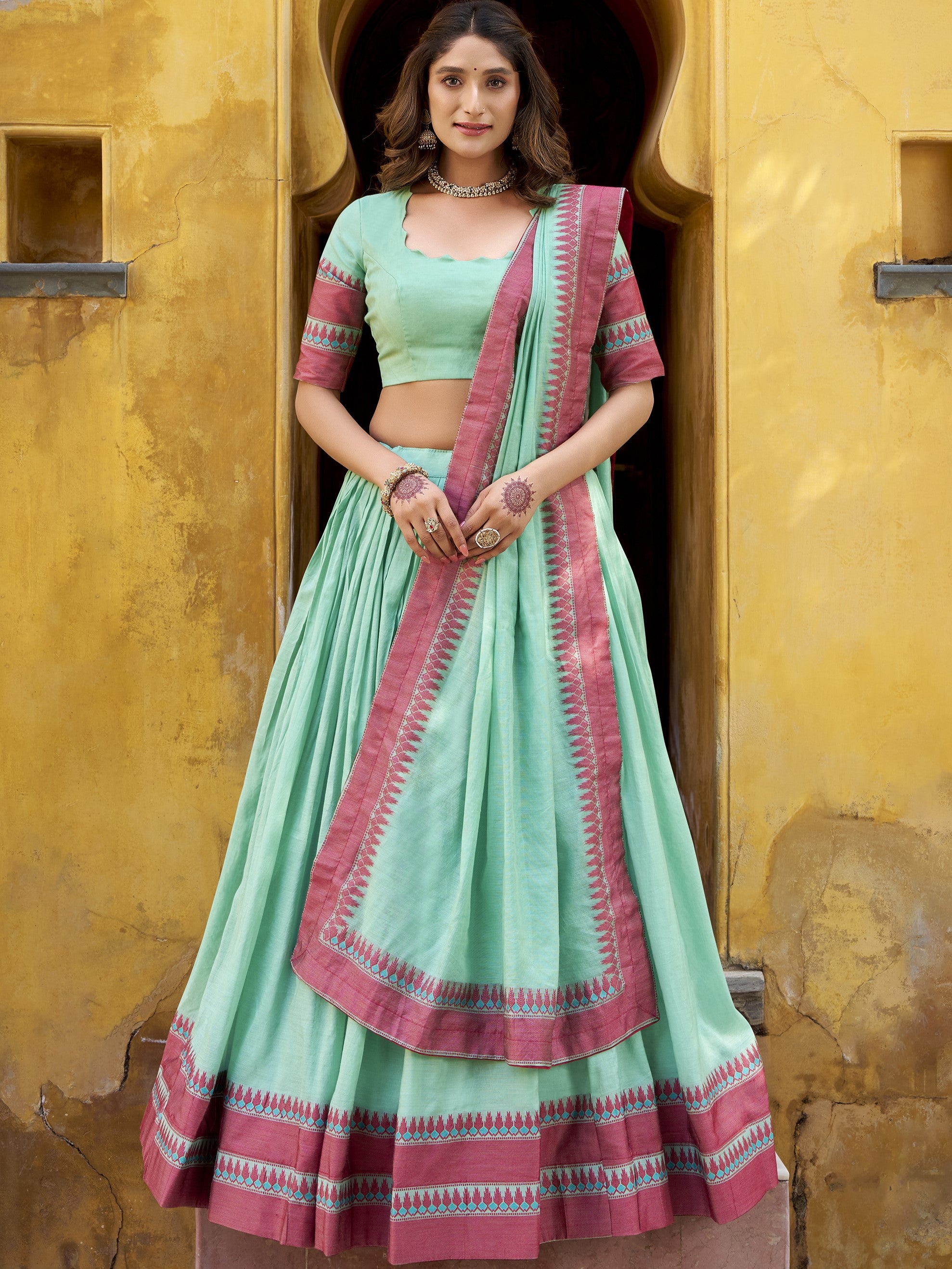 Pure Chanderi Thread Work Lehenga With Dupatta