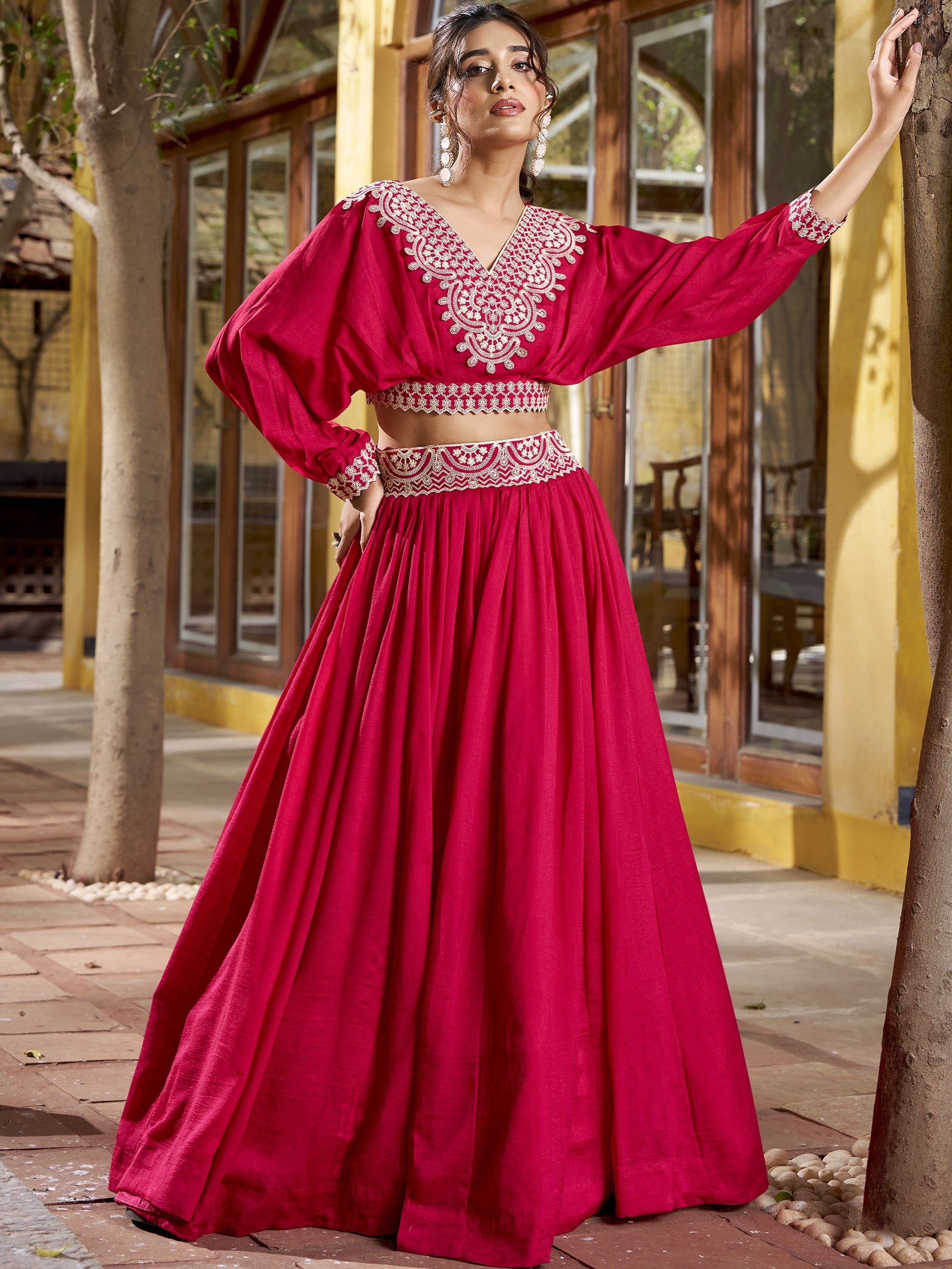 Vichitra Silk Thread Embroidered Lehenga&nbsp;