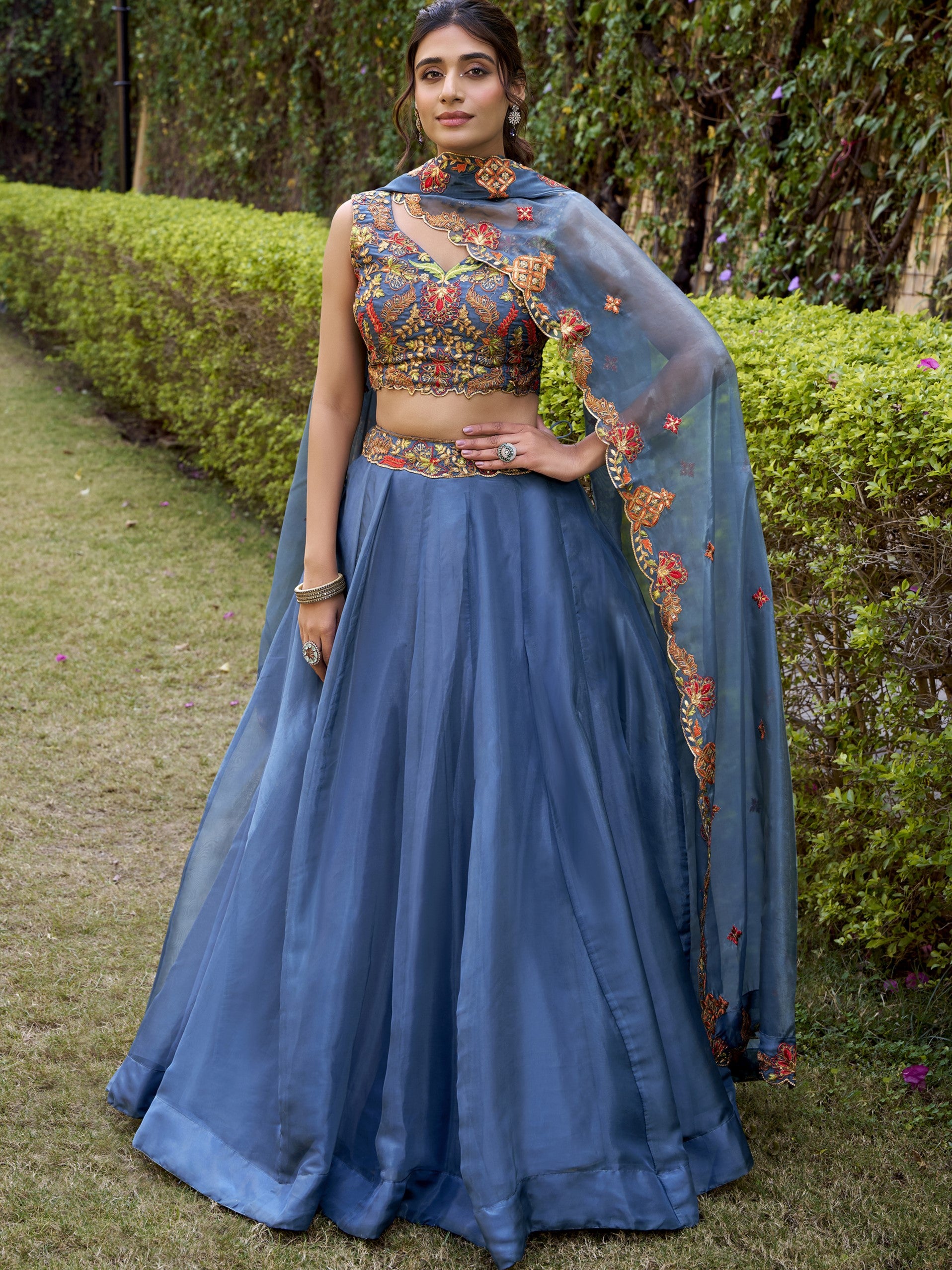 Chanda Silk Thread Embroidered Lehenga With Dupatta