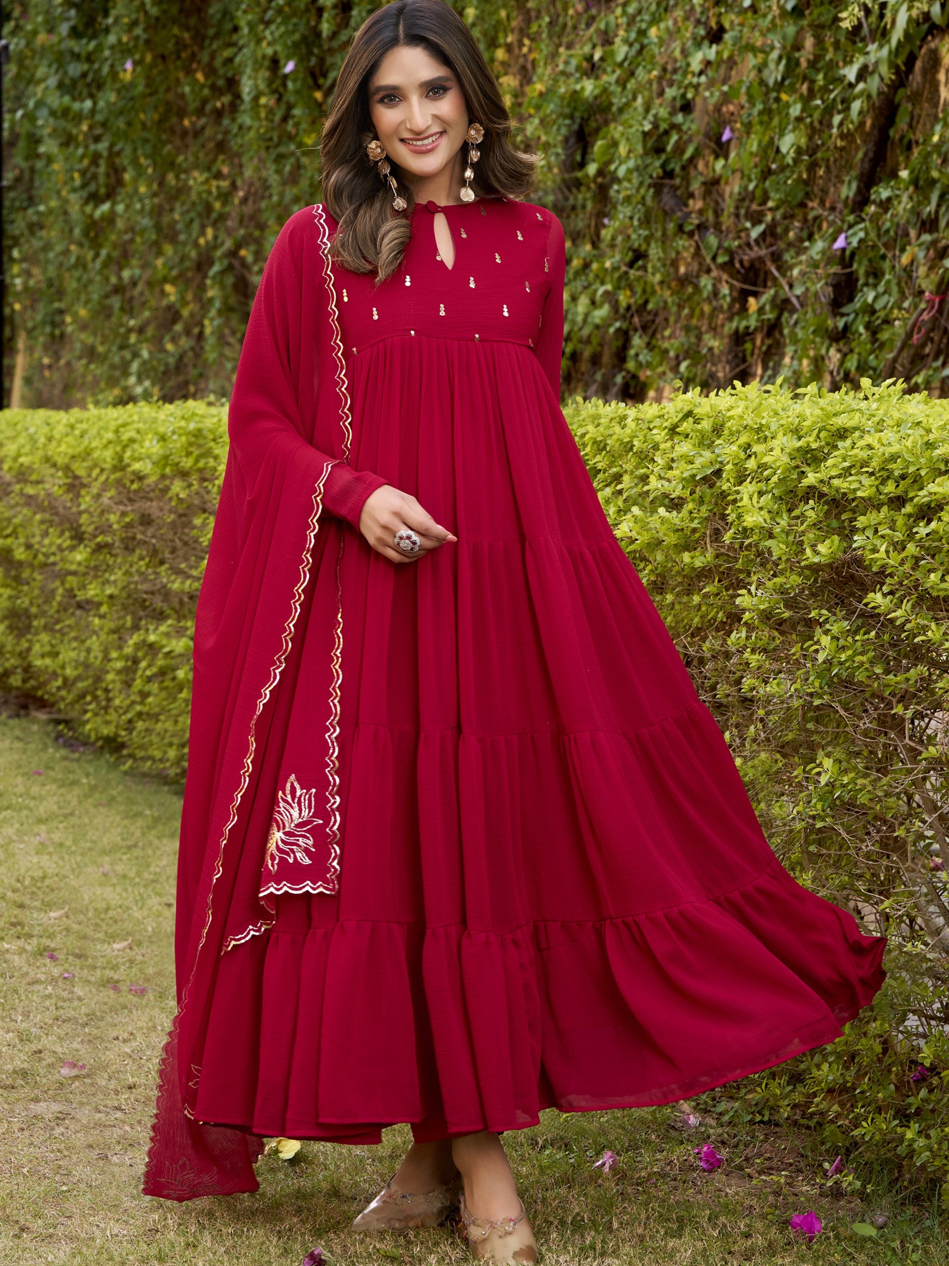 Marble Foil Work Anarkali Gown With Dupatta