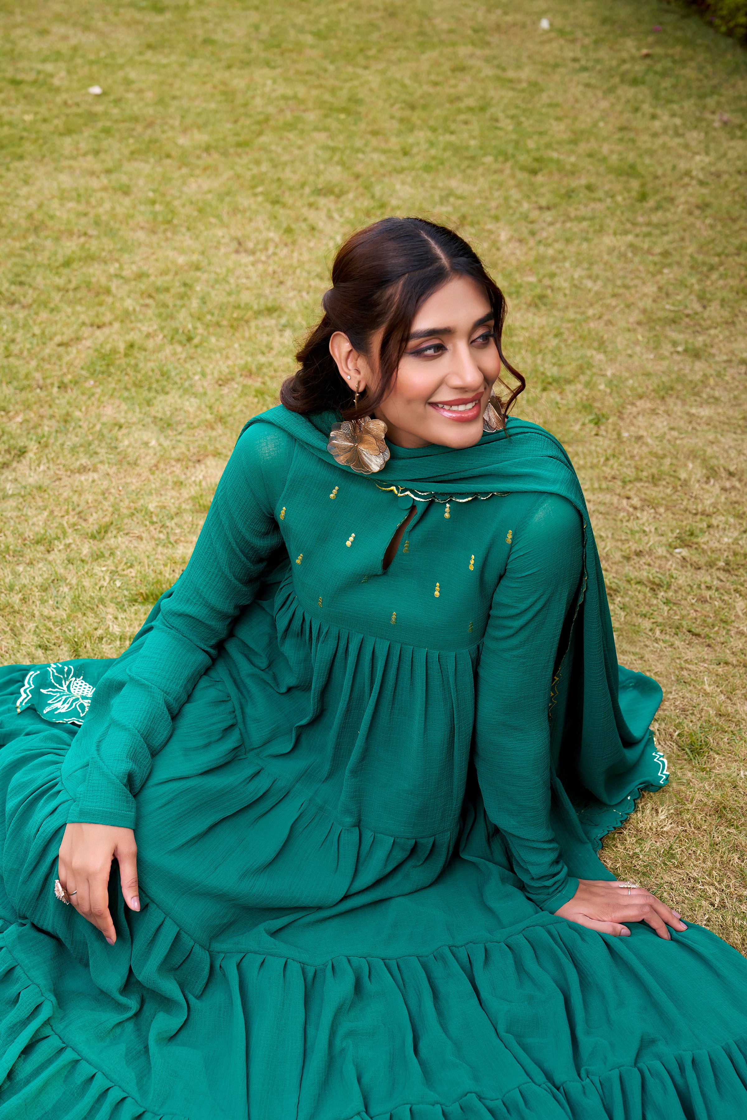 Marble Foil Work Anarkali Gown With Dupatta