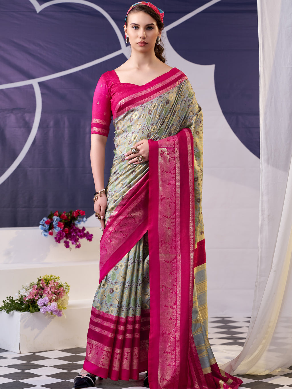 Tussar Silk Floral Prinetd Saree