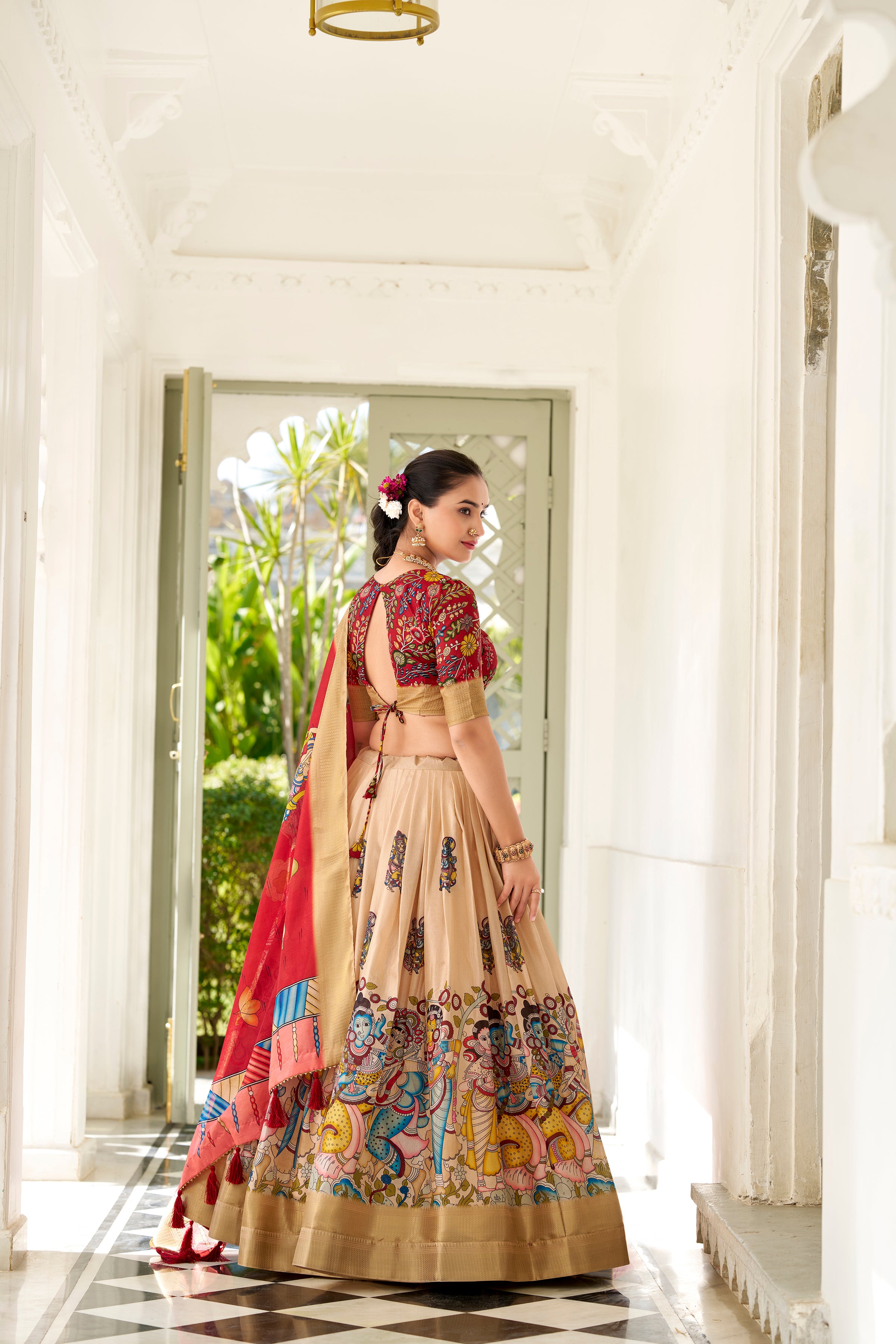 Dola Silk Kalamkari Printed Lehenga With Dupatta