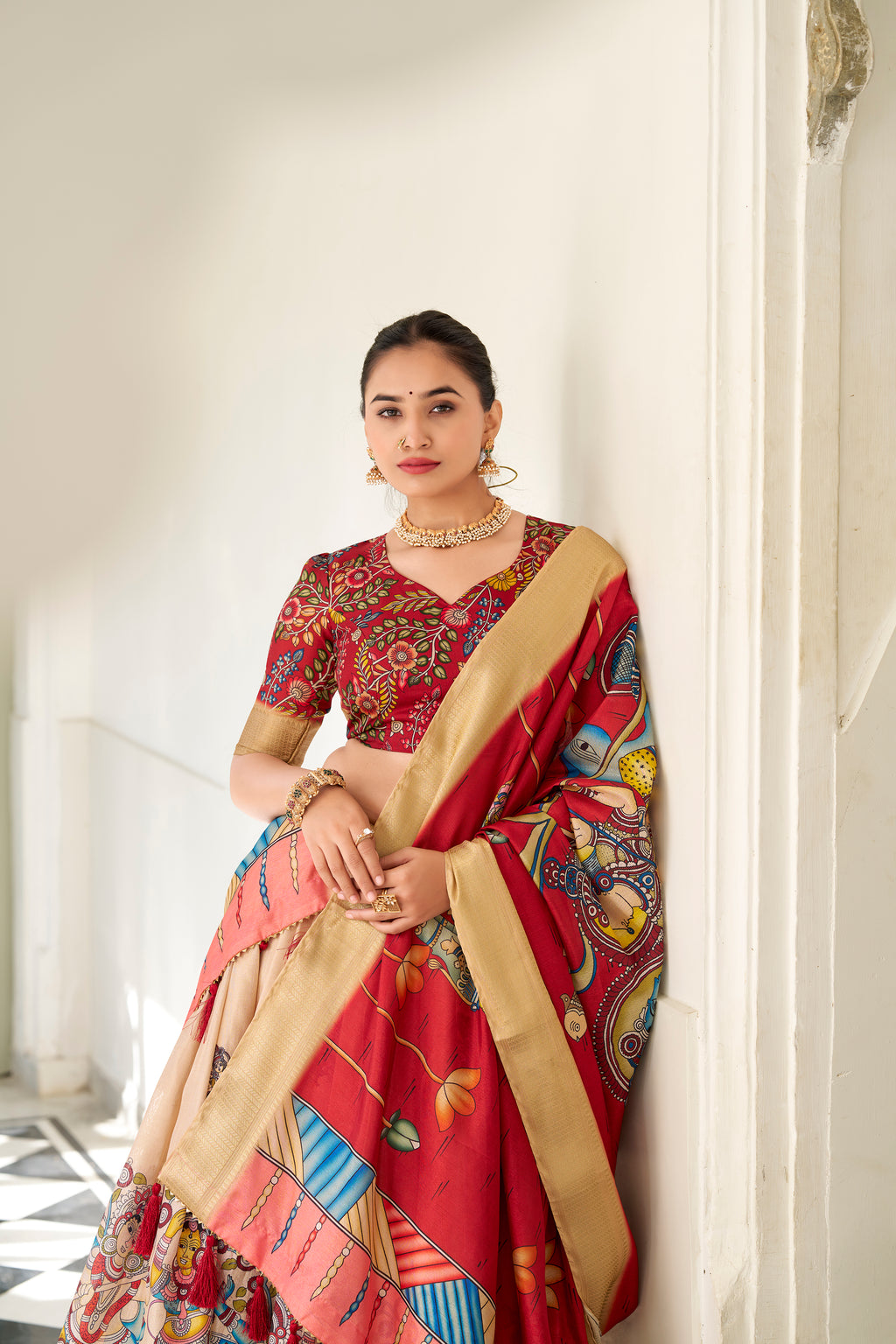 Dola Silk Kalamkari Printed Lehenga With Dupatta