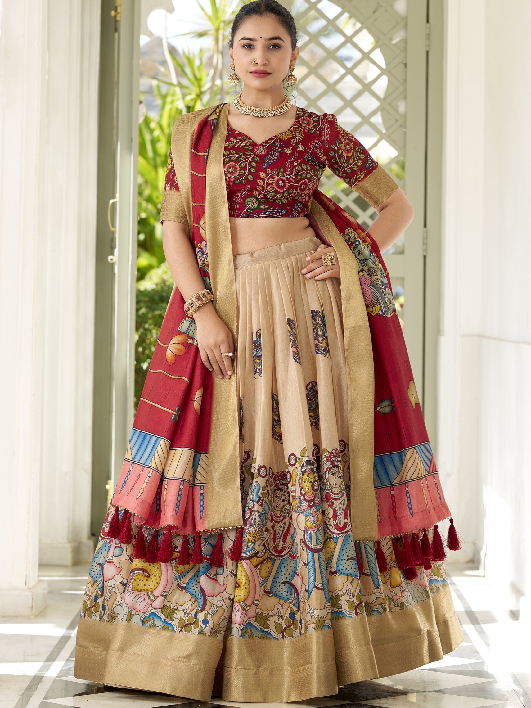 Dola Silk Kalamkari Printed Lehenga With Dupatta