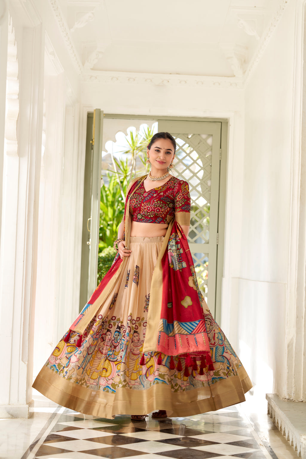 Dola Silk Kalamkari Printed Lehenga With Dupatta