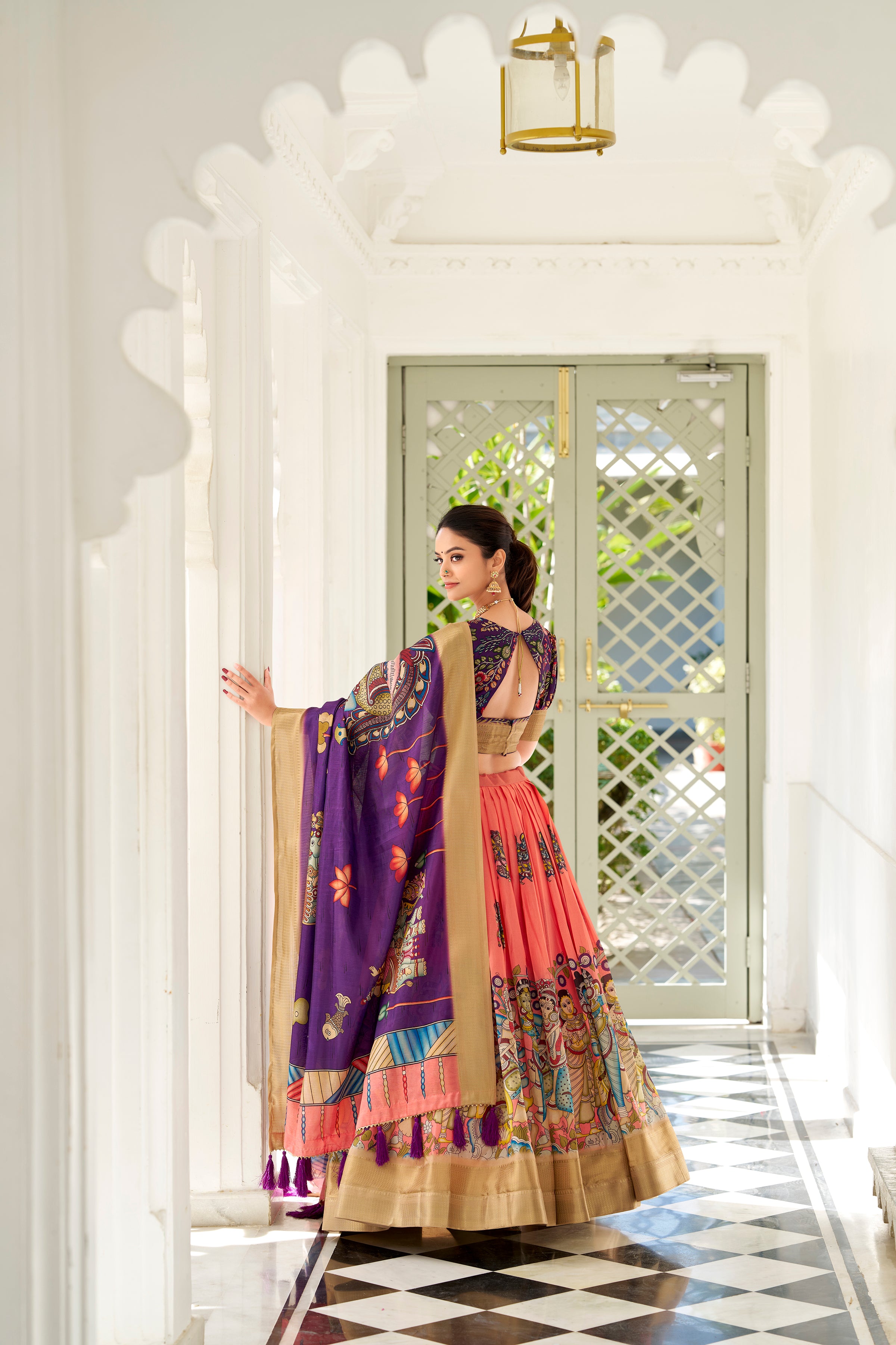 Dola Silk Kalamkari Printed Lehenga With Dupatta