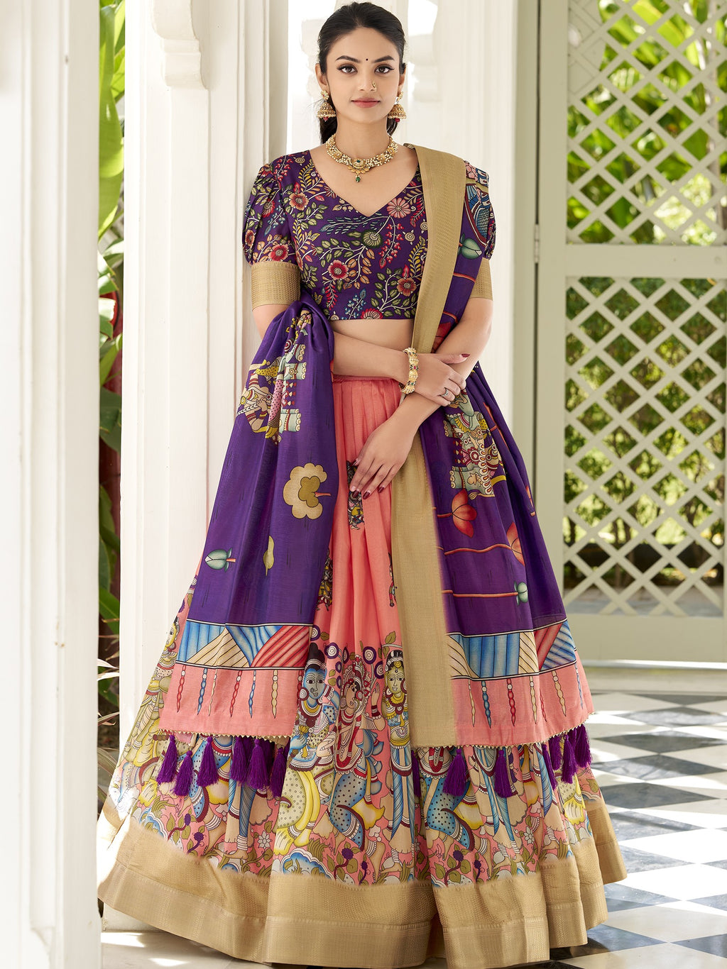 Dola Silk Kalamkari Printed Lehenga With Dupatta