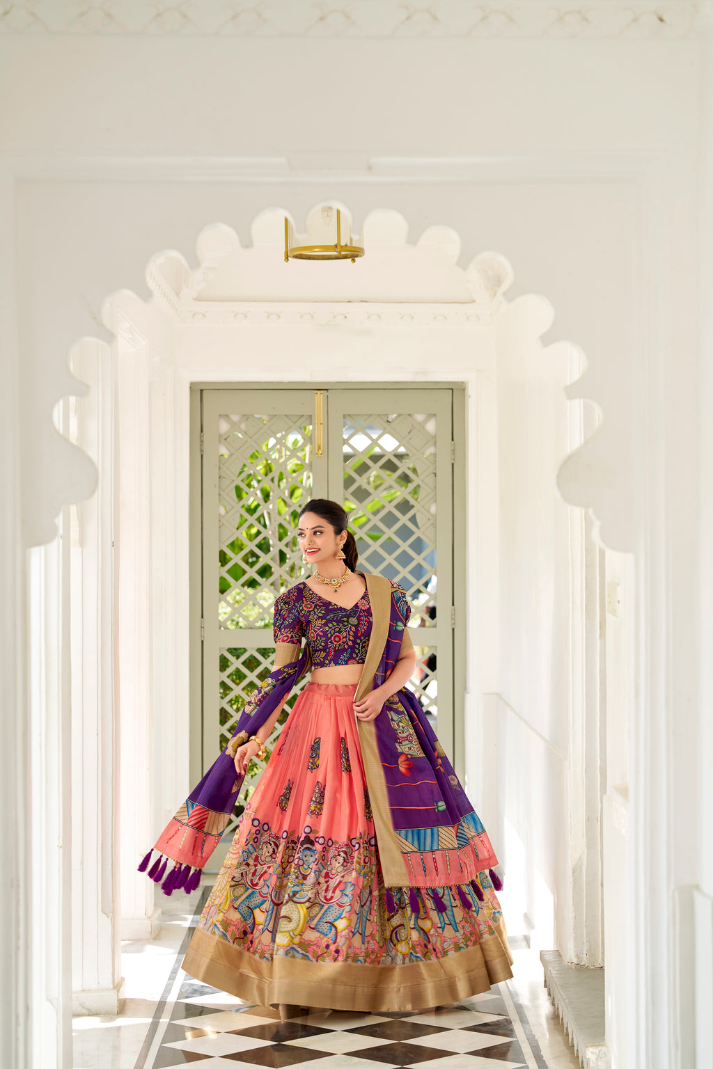 Dola Silk Kalamkari Printed Lehenga With Dupatta