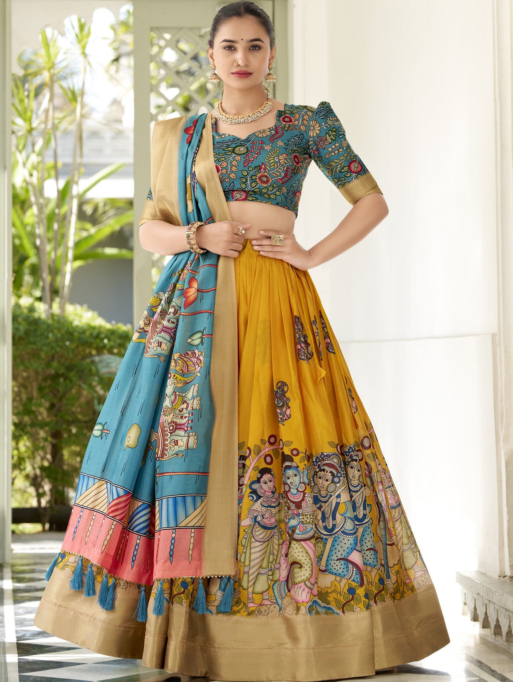 Dola Silk Kalamkari Printed Lehenga With Dupatta
