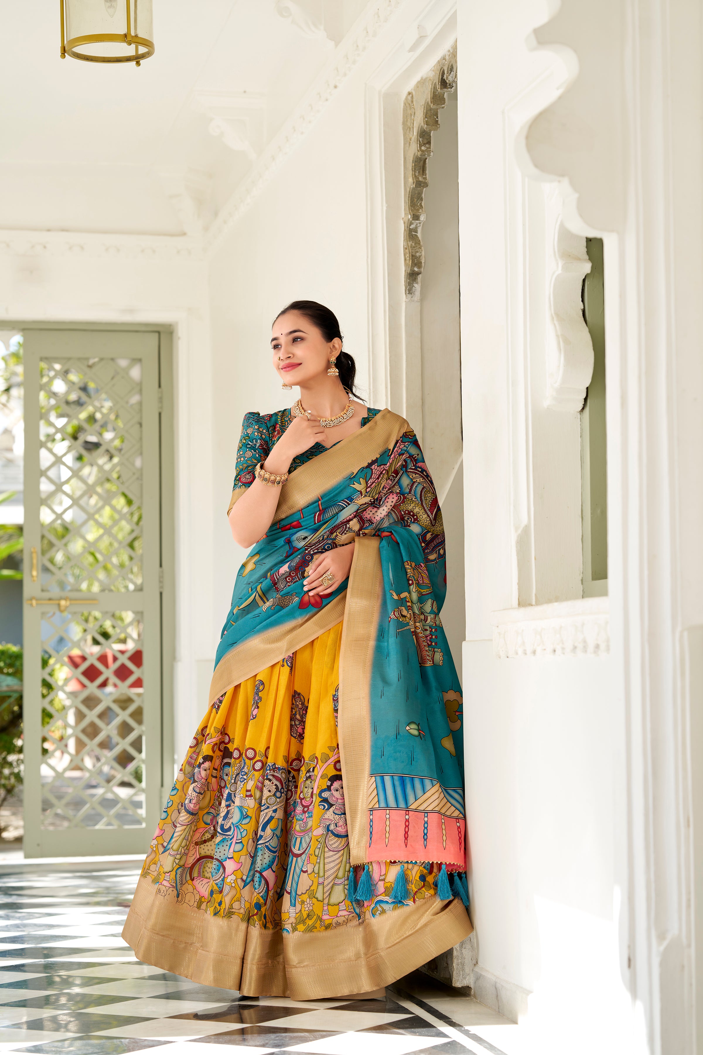Dola Silk Kalamkari Printed Lehenga With Dupatta
