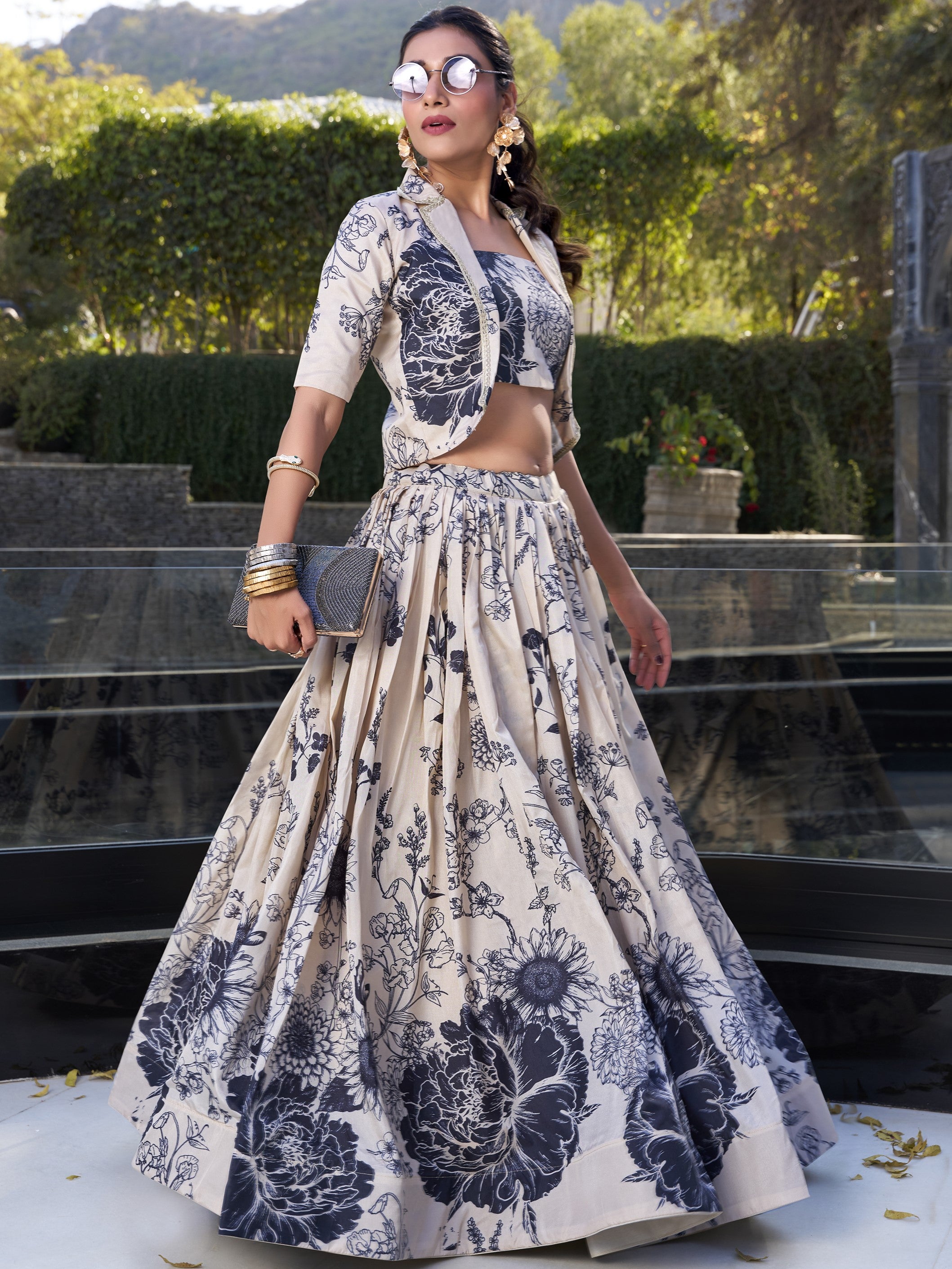 Tussar Silk Floral Printed Lehenga For Women