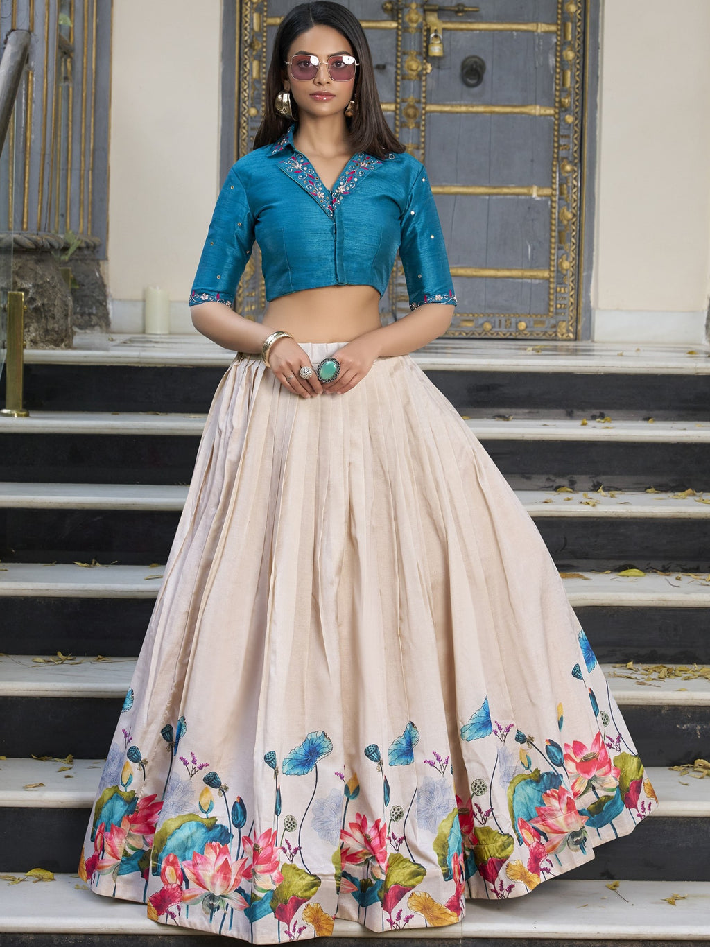 Tussar Silk Floral Printed Lehenga
