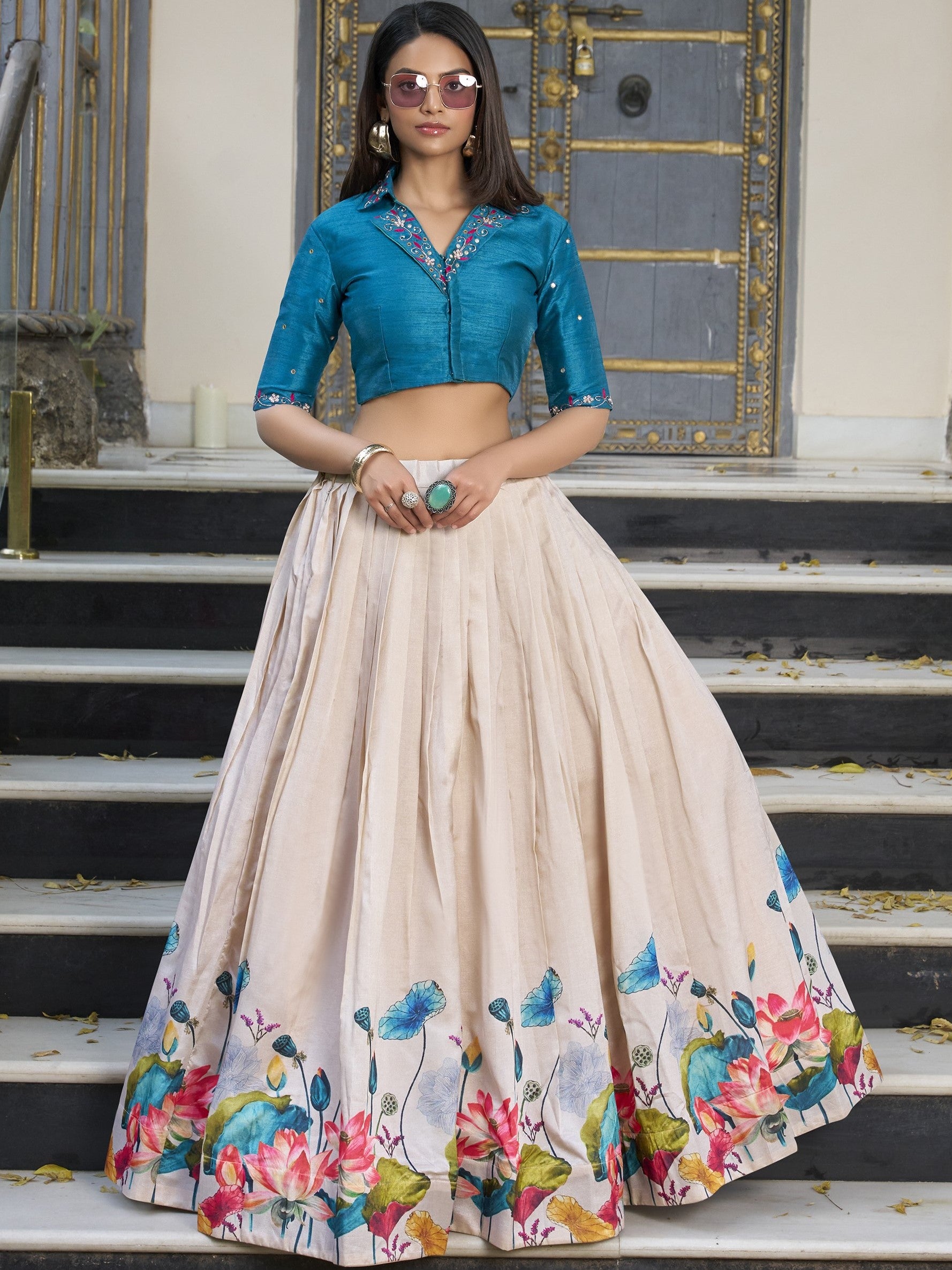 Tussar Silk Floral Printed Lehenga