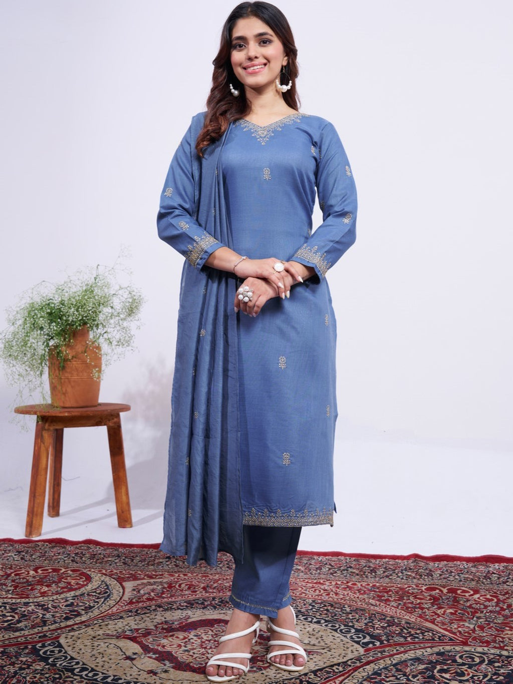 Rayon Embroidered Kurti-Pant With Dupatta