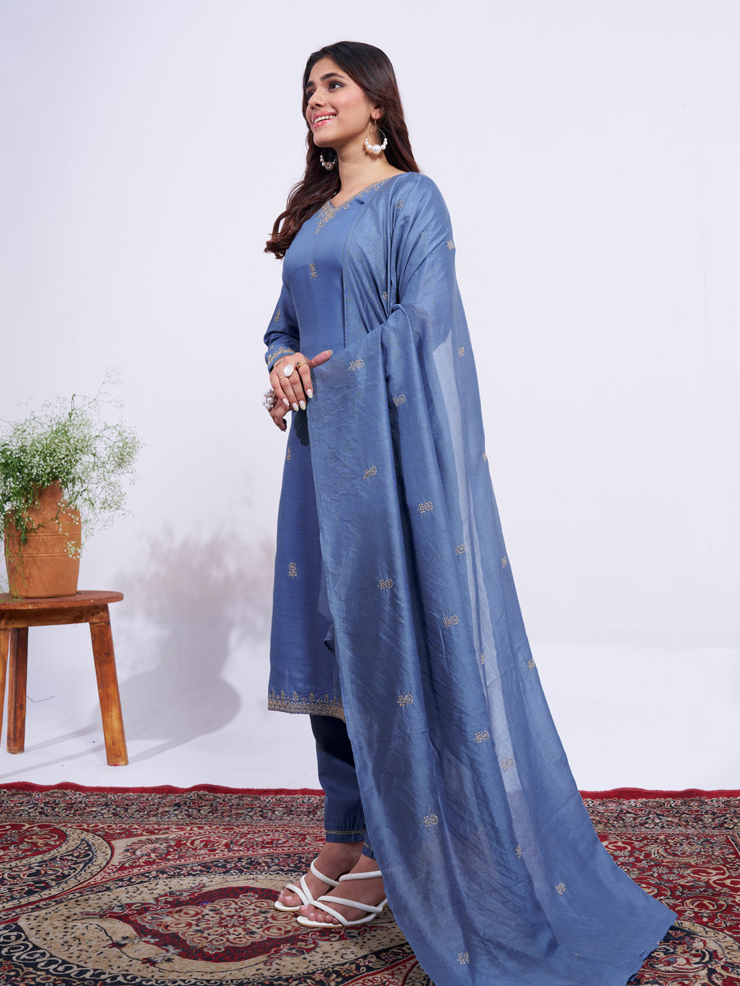 Rayon Embroidered Kurti-Pant With Dupatta