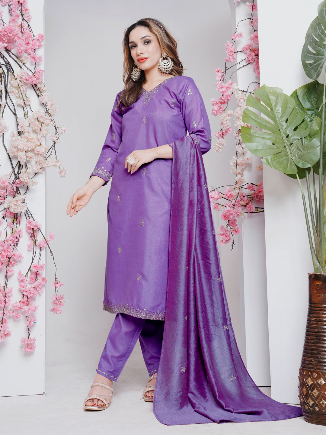 Rayon Embroidered Kurti-Pant With Dupatta