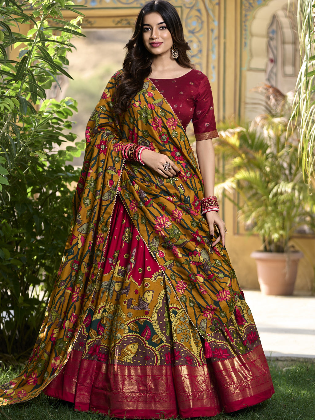 Tussar Silk Kalamkari Printed Lehenga For Women