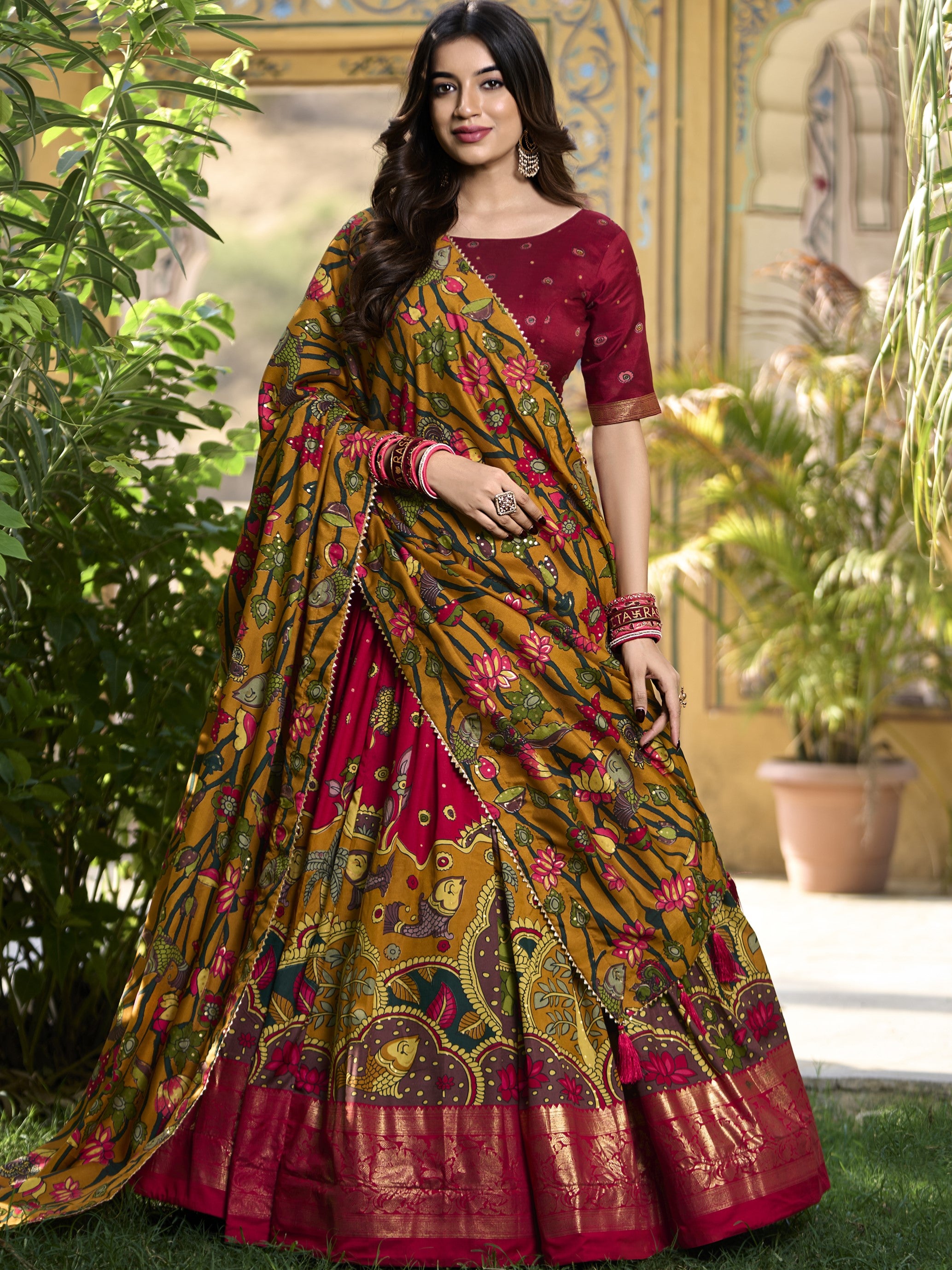 Tussar Silk Kalamkari Printed Lehenga For Women