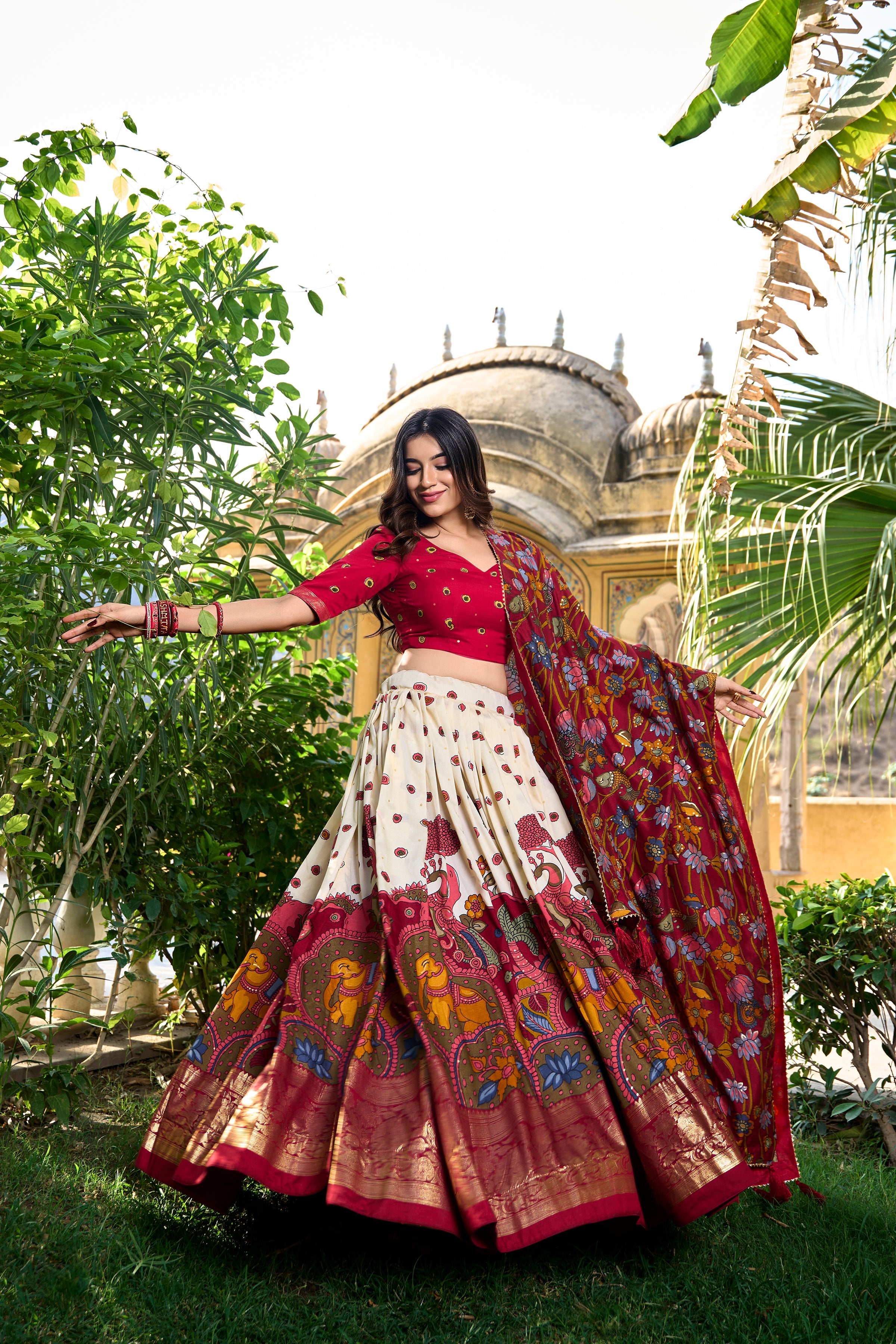 Tussar Silk Kalamkari Printed Lehenga For Women