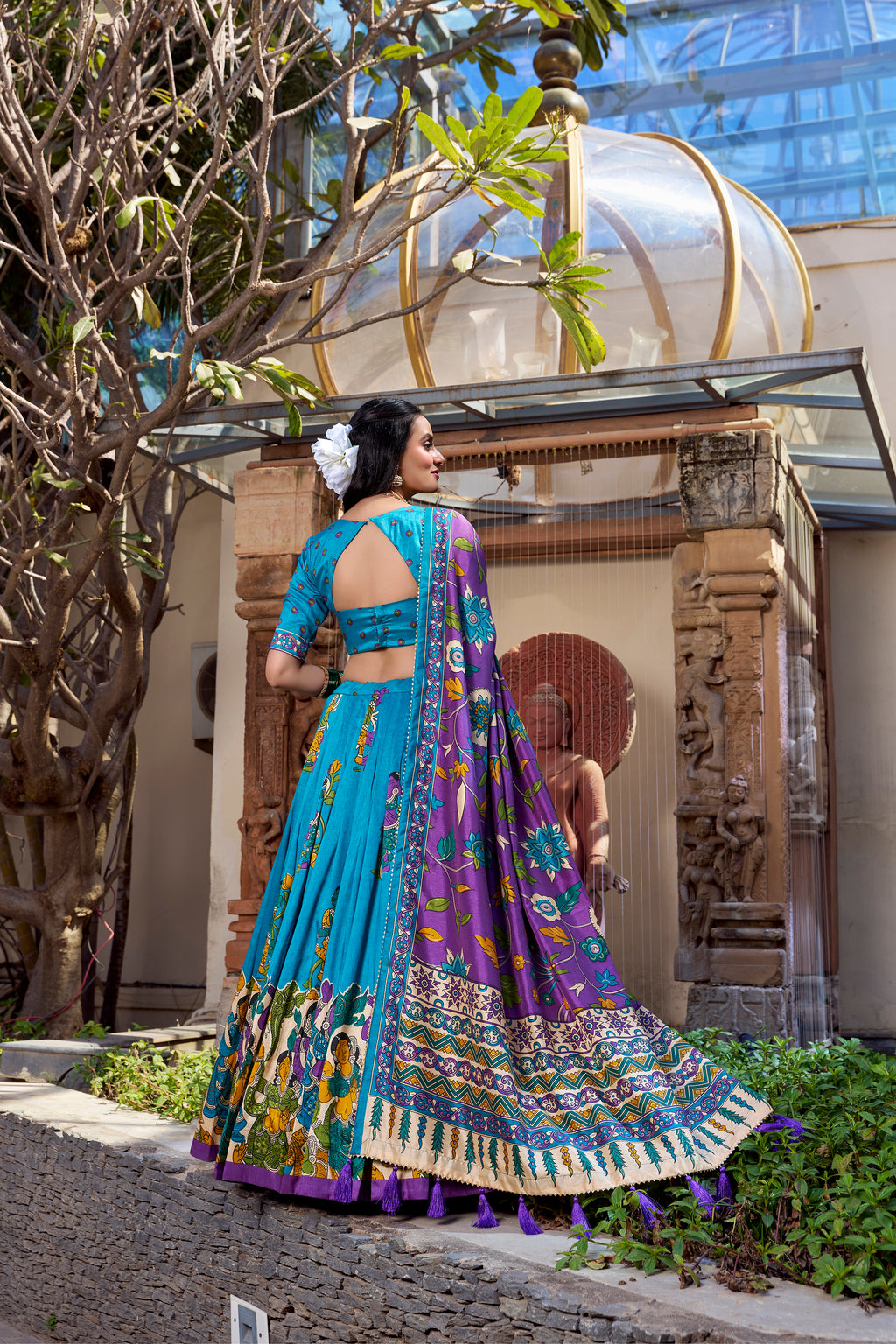 Tussar Silk Kalamkari Printed Lehenga With Dupatta