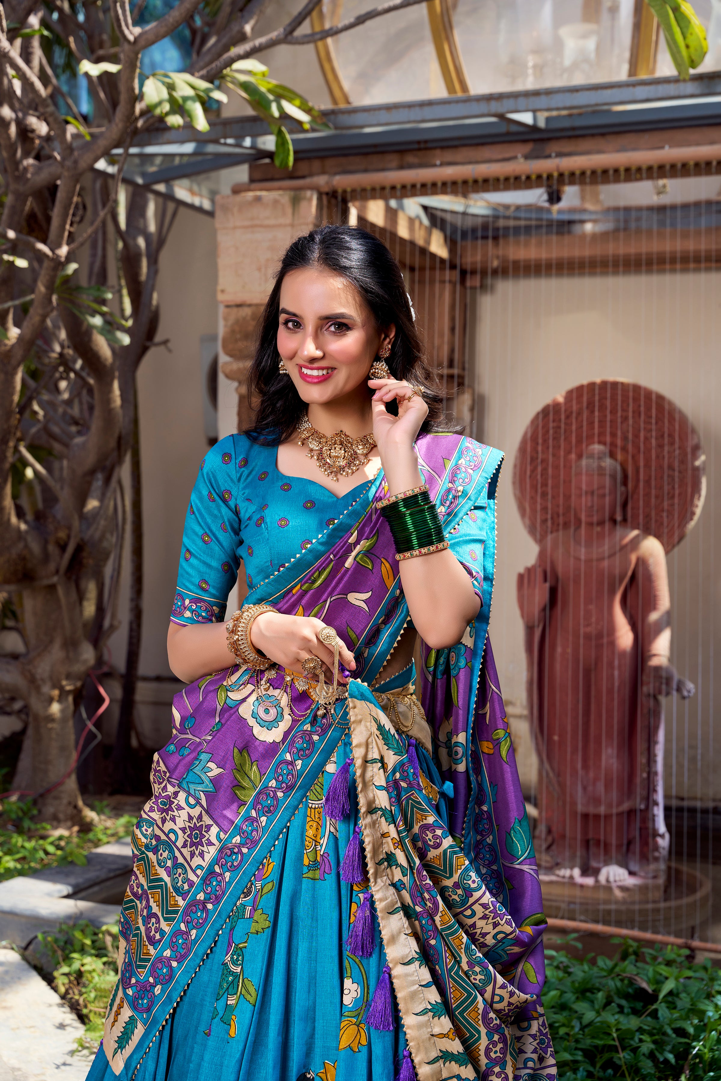 Tussar Silk Kalamkari Printed Lehenga With Dupatta