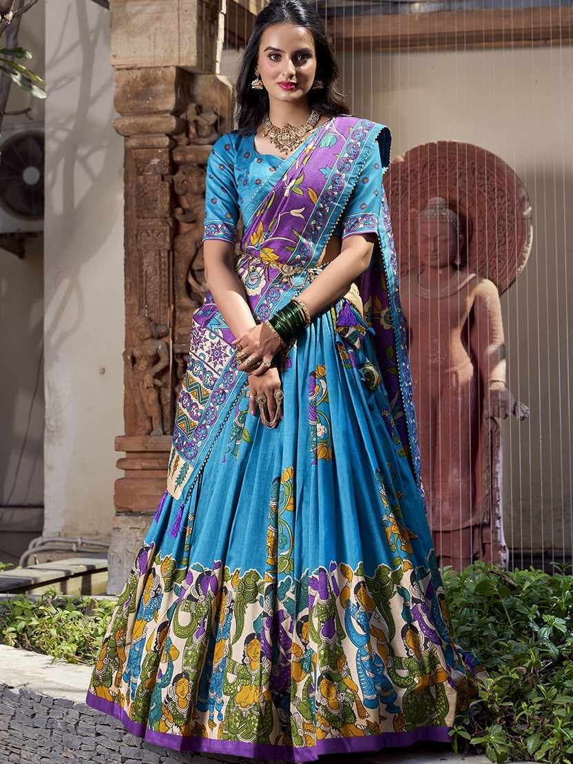 Tussar Silk Kalamkari Printed Lehenga With Dupatta