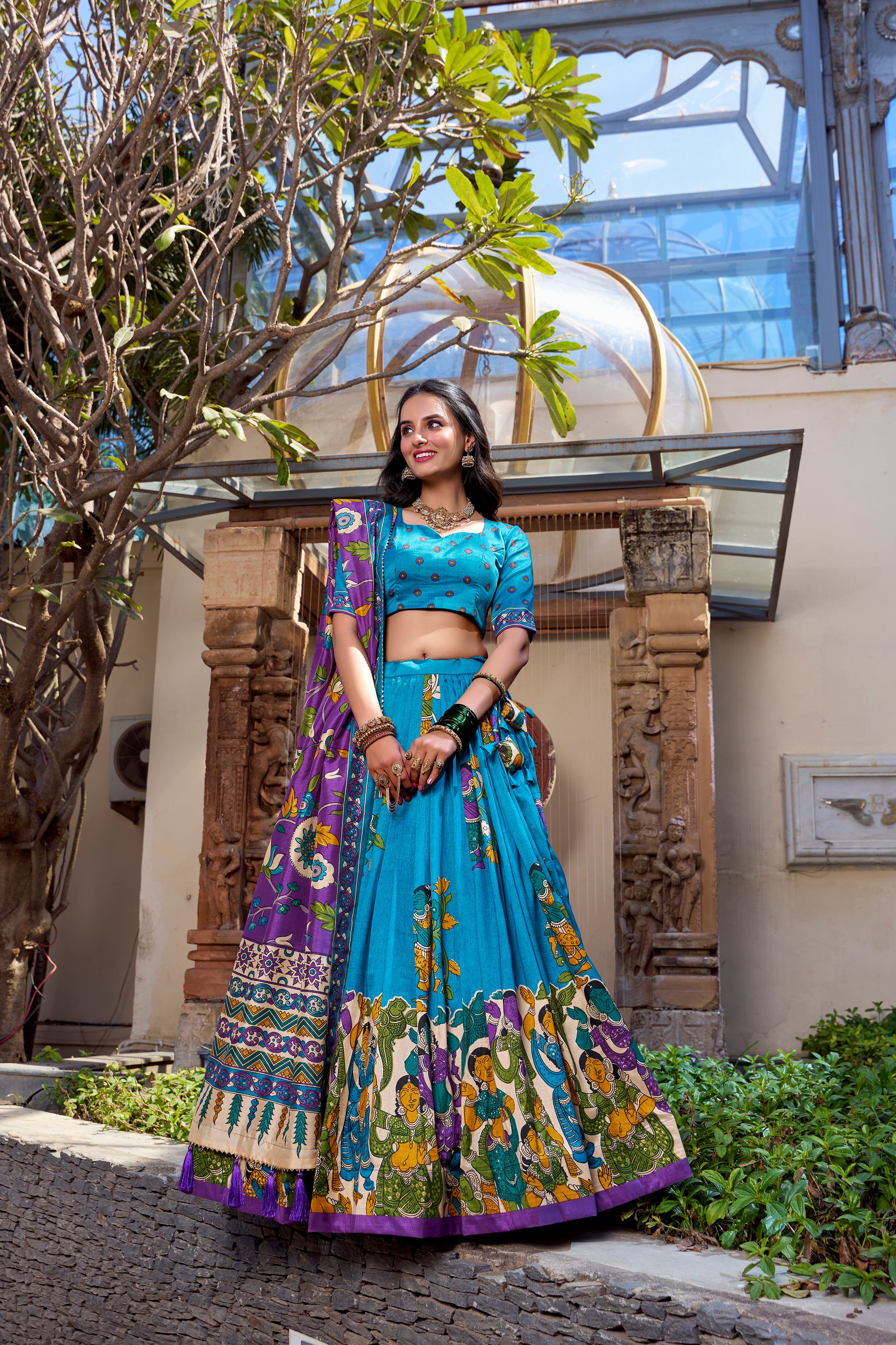Tussar Silk Kalamkari Printed Lehenga With Dupatta