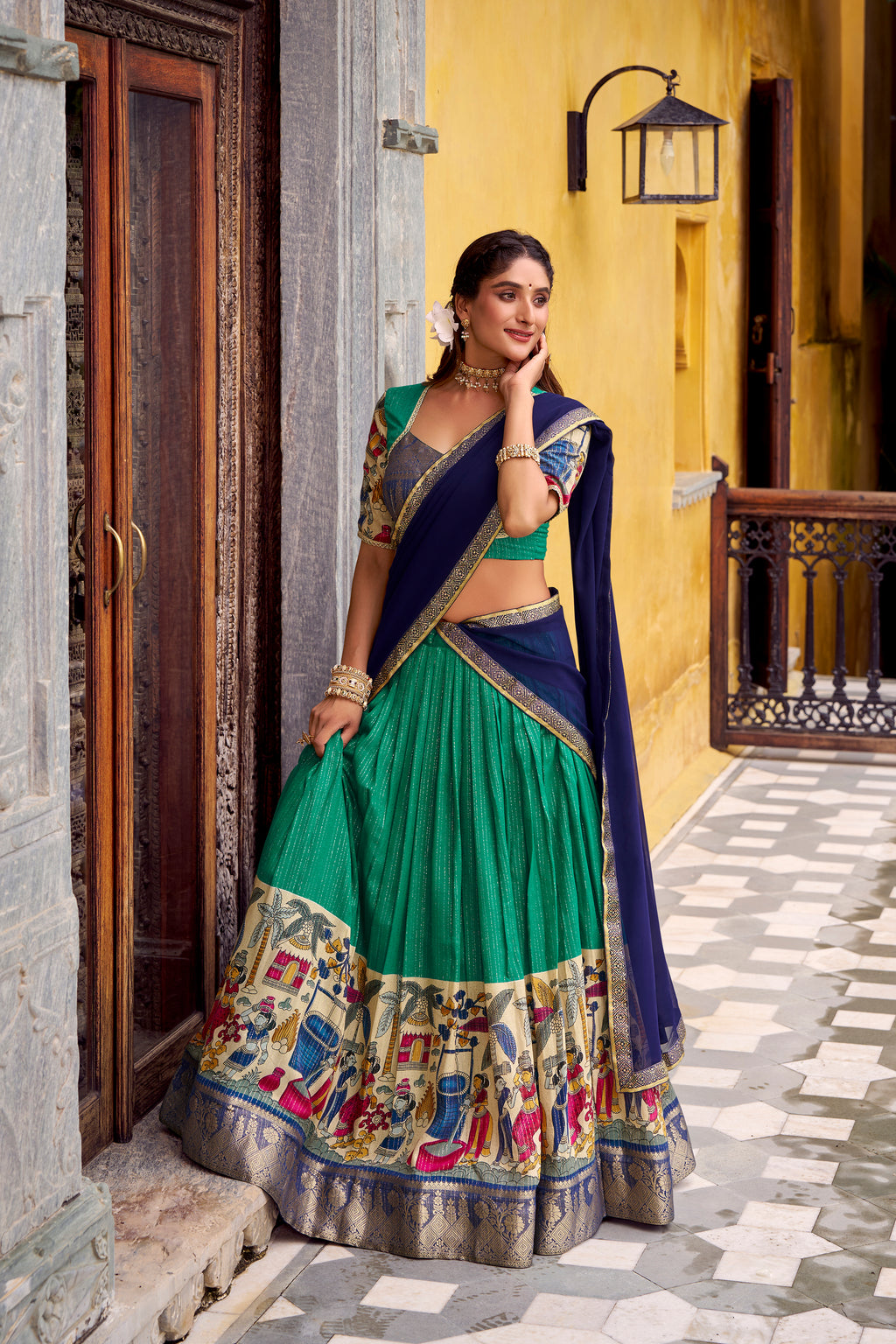 Chanderi Kalamkari Printed Lehenga With Georgette Dupatta