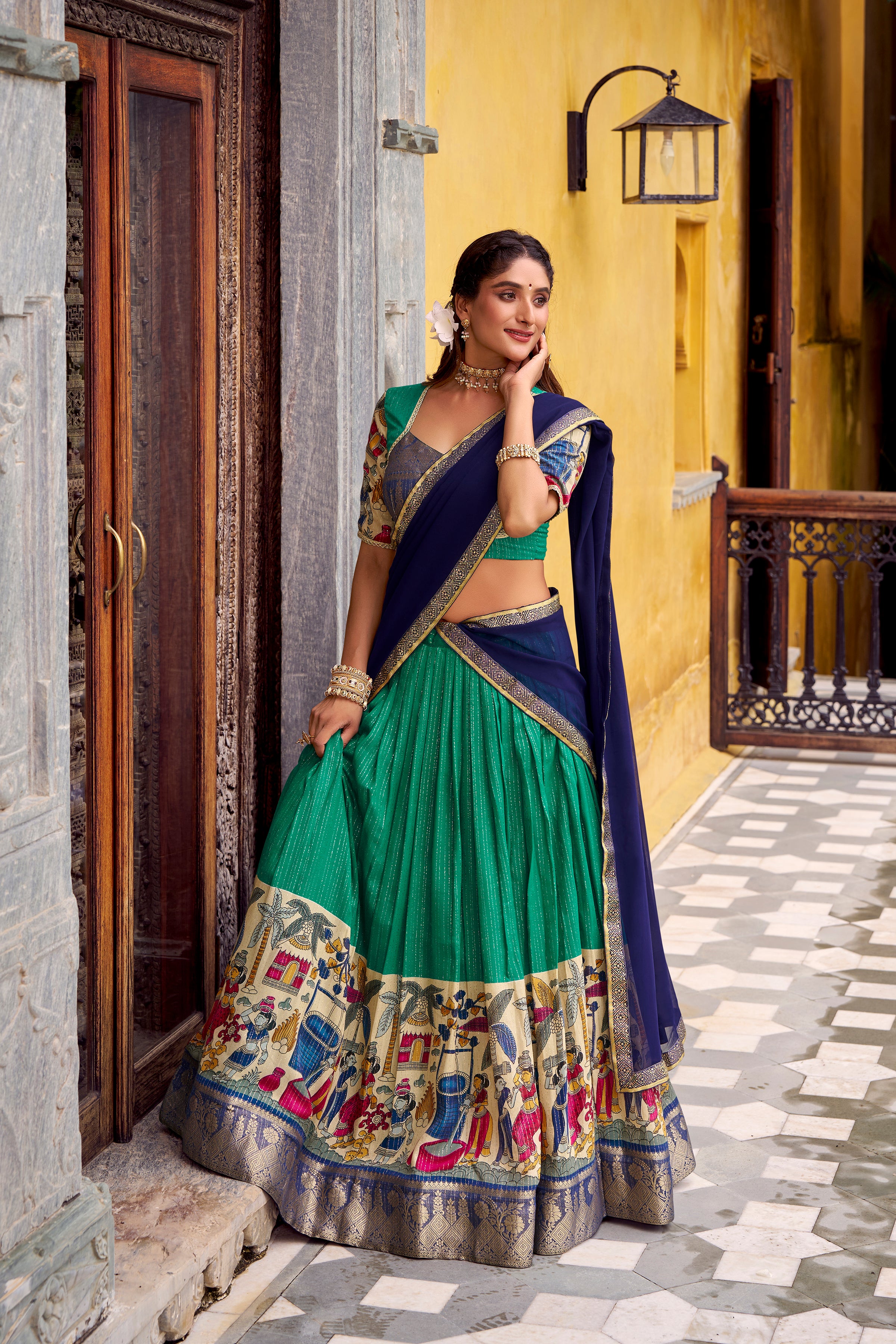 Chanderi Kalamkari Printed Lehenga With Georgette Dupatta