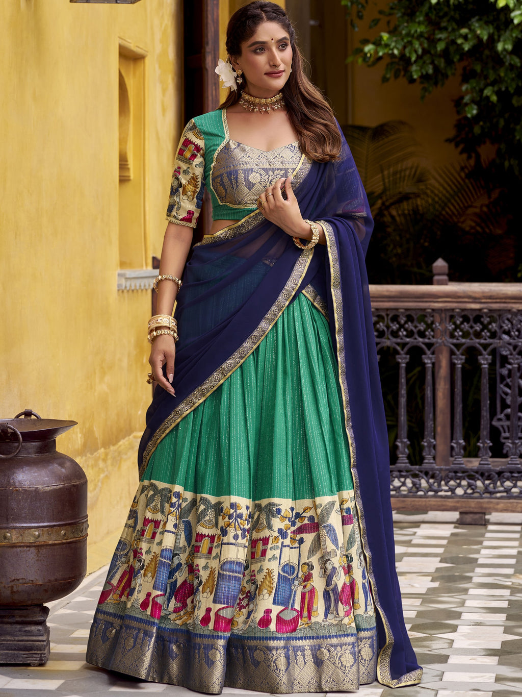 Chanderi Kalamkari Printed Lehenga With Georgette Dupatta
